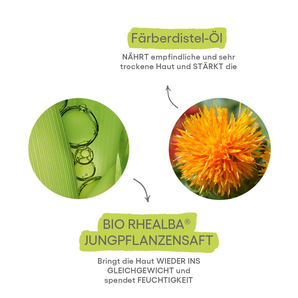 Olio di cartamo e succo di piantina BIO RHEALBA® per la cura della pelle.