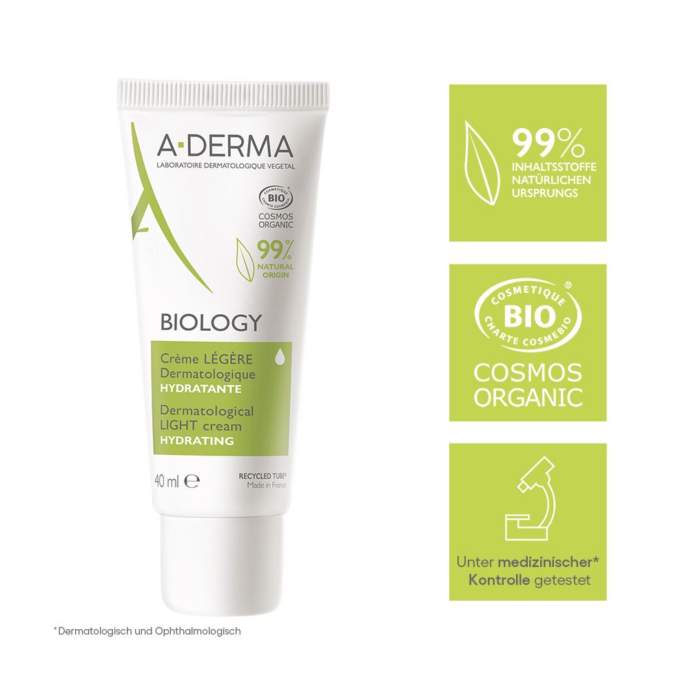 A-Derma BIOLOGY crema leggera idratante dermatologica, 40ml. 99% ingredienti di origine naturale, certificata COSMOS ORGANIC.