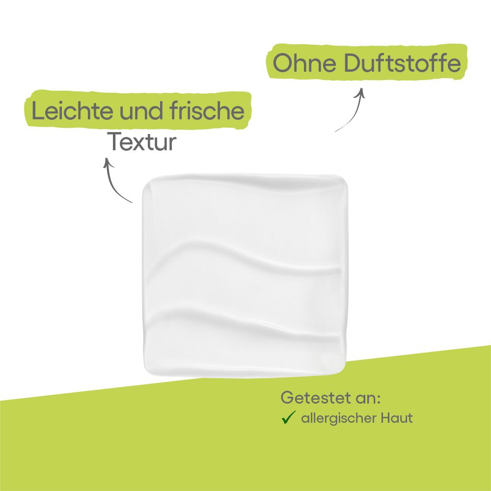 Crema bianca dalla texture leggera e fresca, senza profumo, testata su pelli allergiche.