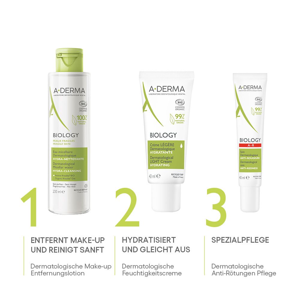 Tre prodotti per la cura della pelle A-Derma BIOLOGY: struccante, crema idratante e trattamento anti-rossore.