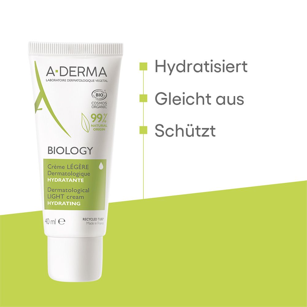 Crema leggera dermatologica idratante A-Derma Biology, 40ml. Certificata BIO COSMOS ORGANIC, 99% di origine naturale.