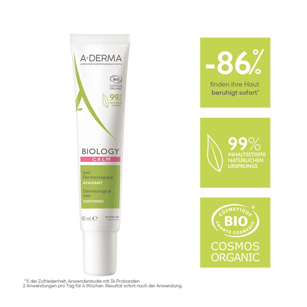 Tubo crema A-DERMA con loghi e testo. Grafici aggiuntivi: -86%, 99% ingredienti, COSMOS ORGANIC.
