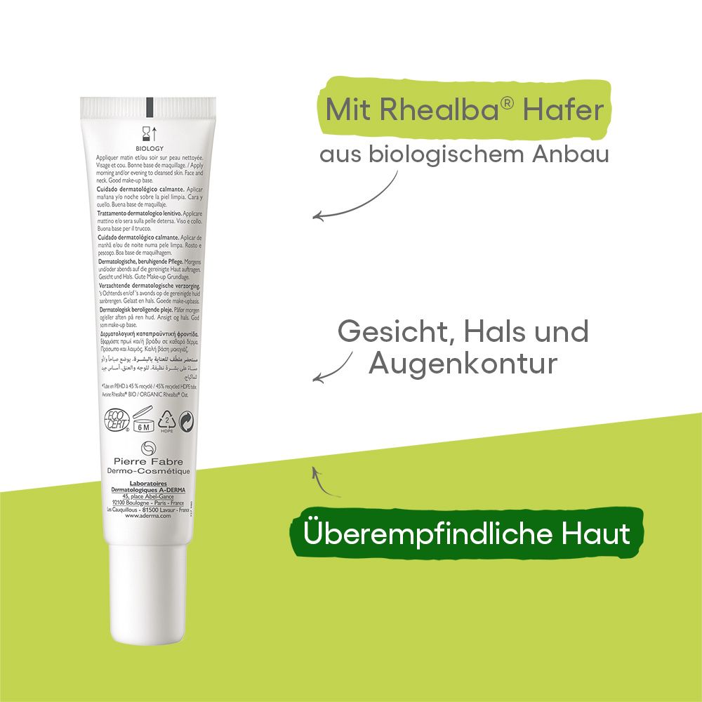 Retro del tubo di crema. Testo con informazioni. Avena Rhealba bio. Per viso, collo e occhi.