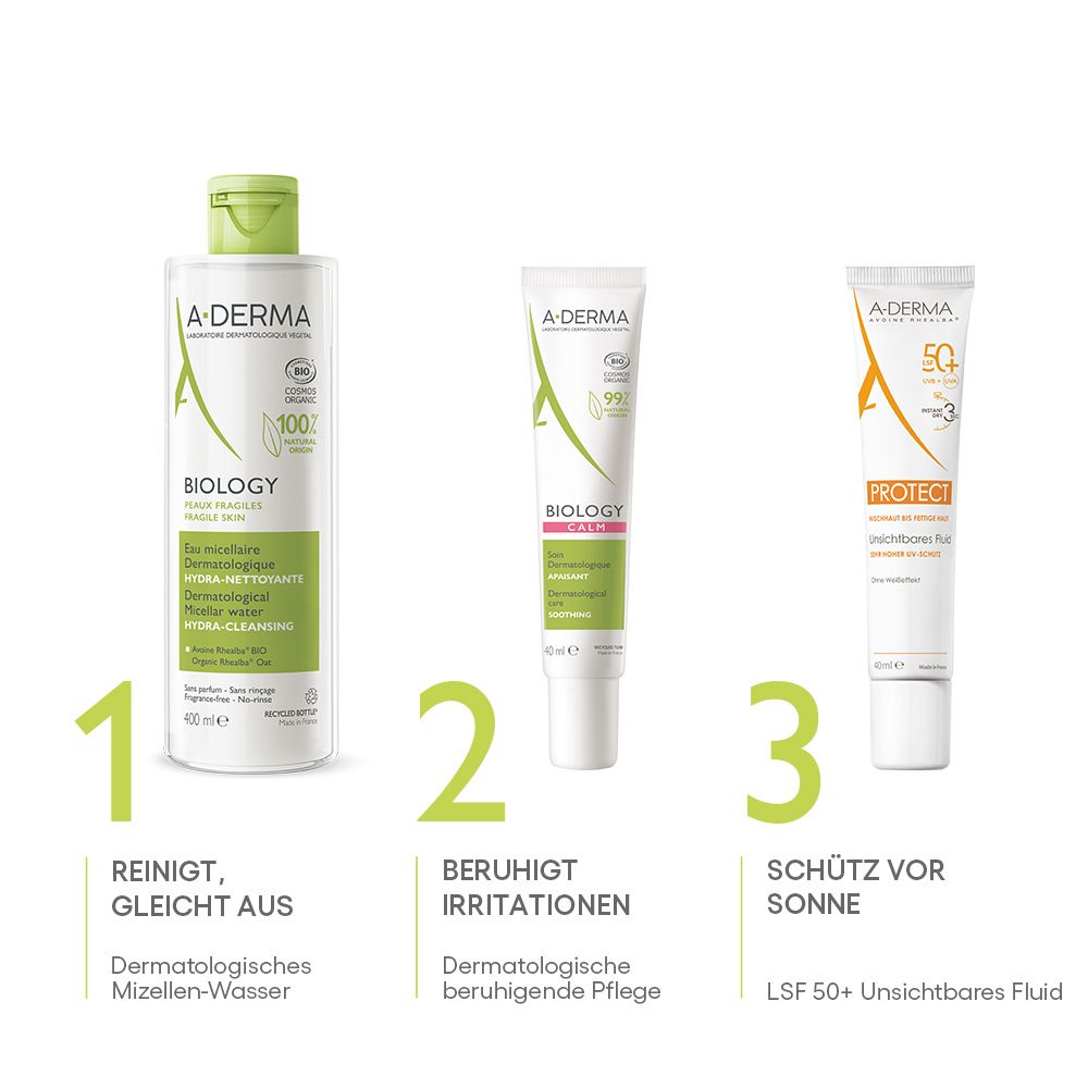 Tre prodotti affiancati: acqua micellare, crema e protezione solare. Scritte: Pulisce, lenisce, protegge dal sole.