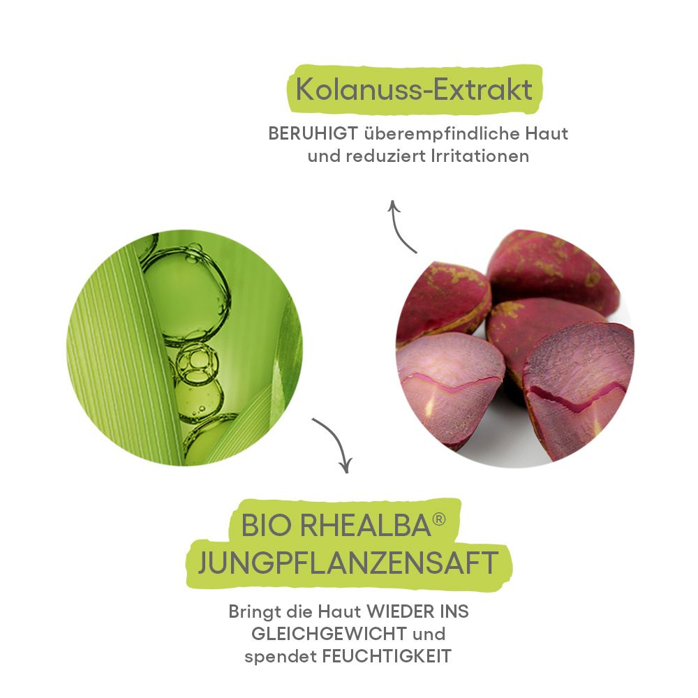 Grafico con ingredienti: estratto di noce di Kola e linfa di plantule Bio Rhealba. Scritta: Lenisce, idrata.