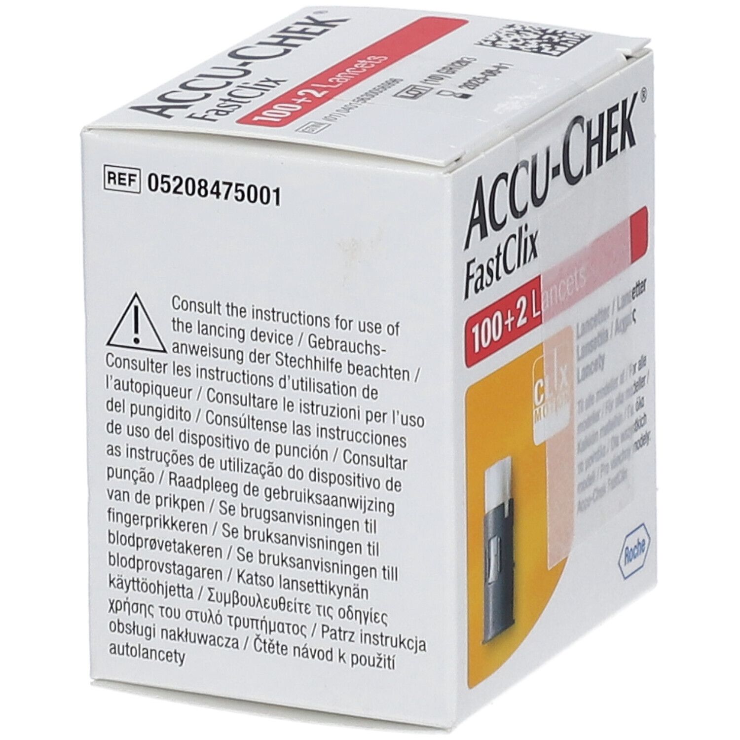 Confezione Accu-Chek Fastclix con 100+2 lancette. Include avvertenze e istruzioni multilingue per l'uso.