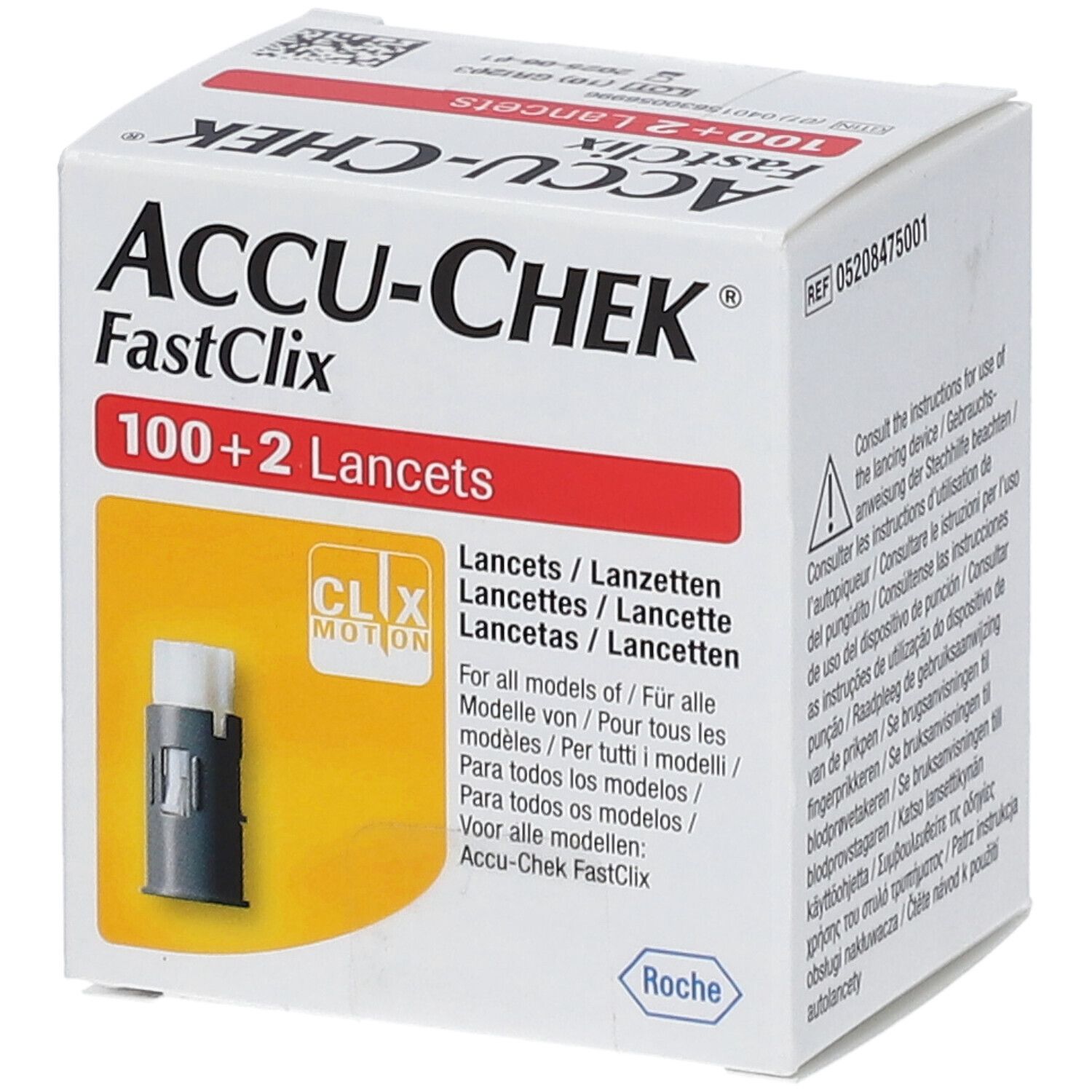 Confezione Accu-Chek Fastclix con 100+2 lancette. Mostra il prodotto e informazioni multilingue.