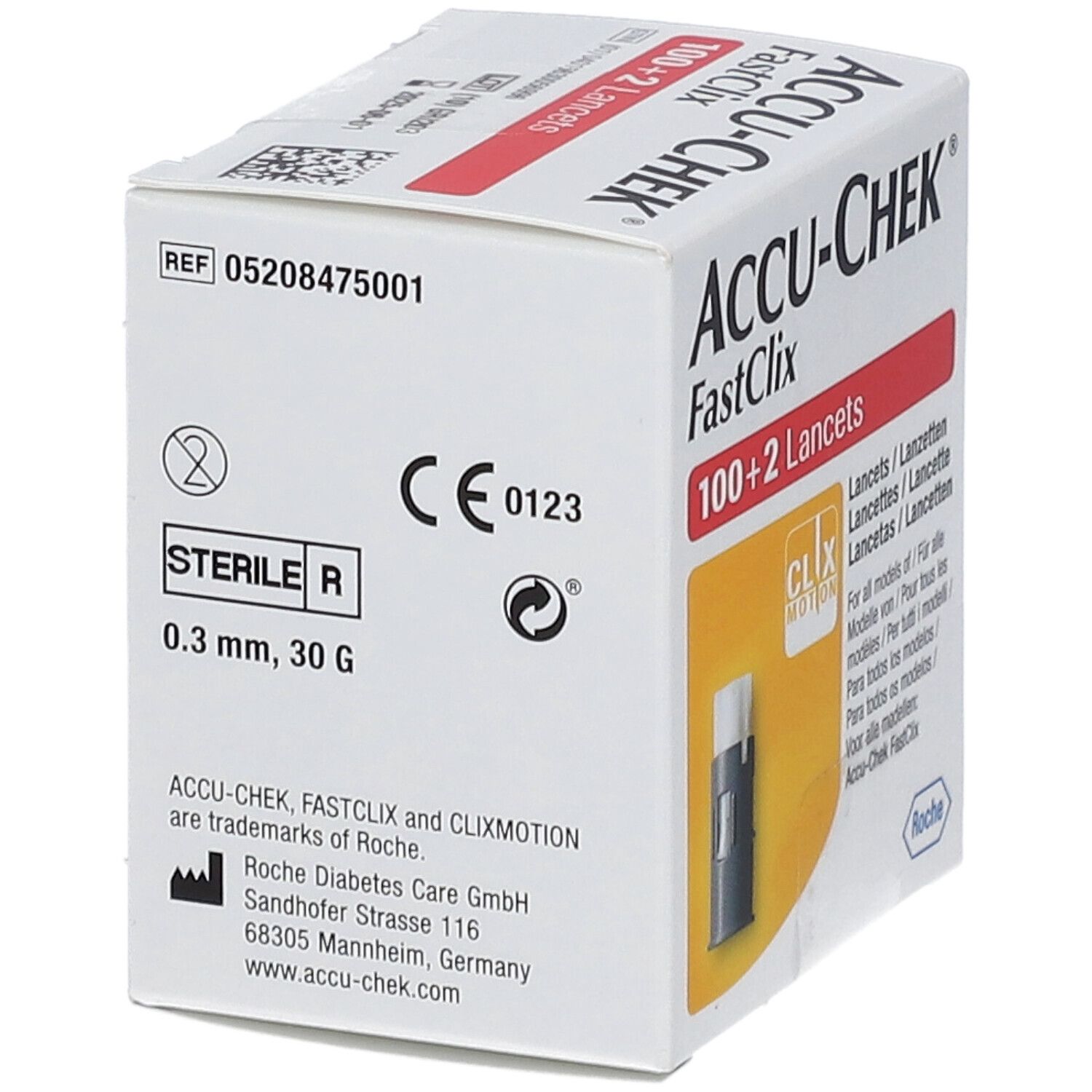 Confezione Accu-Chek Fastclix con 100+2 lancette. Include marchio CE, simbolo sterile e informazioni sul prodotto.
