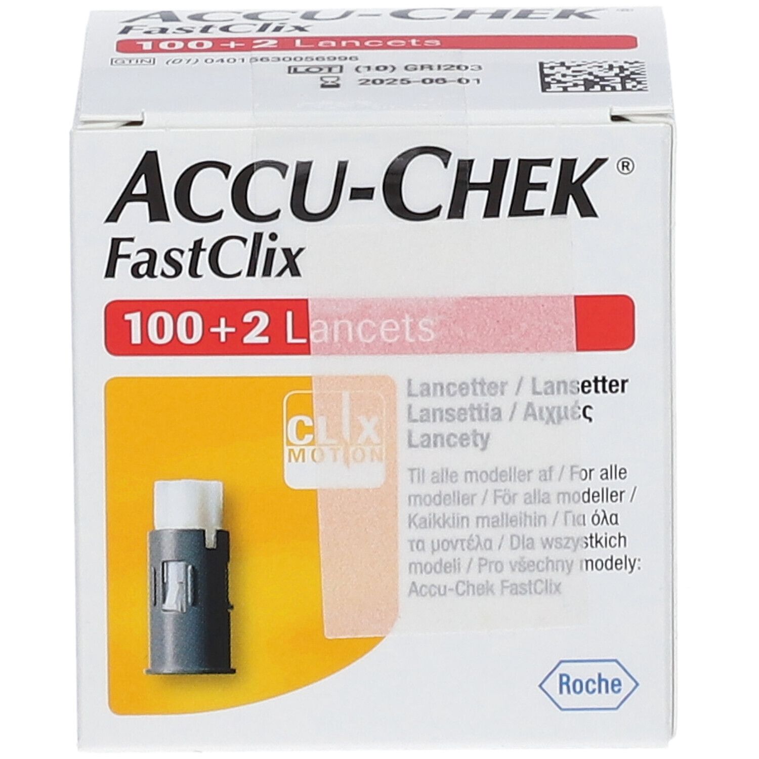 Confezione Accu-Chek Fastclix con 100+2 lancette. Mostra il prodotto e informazioni multilingue.