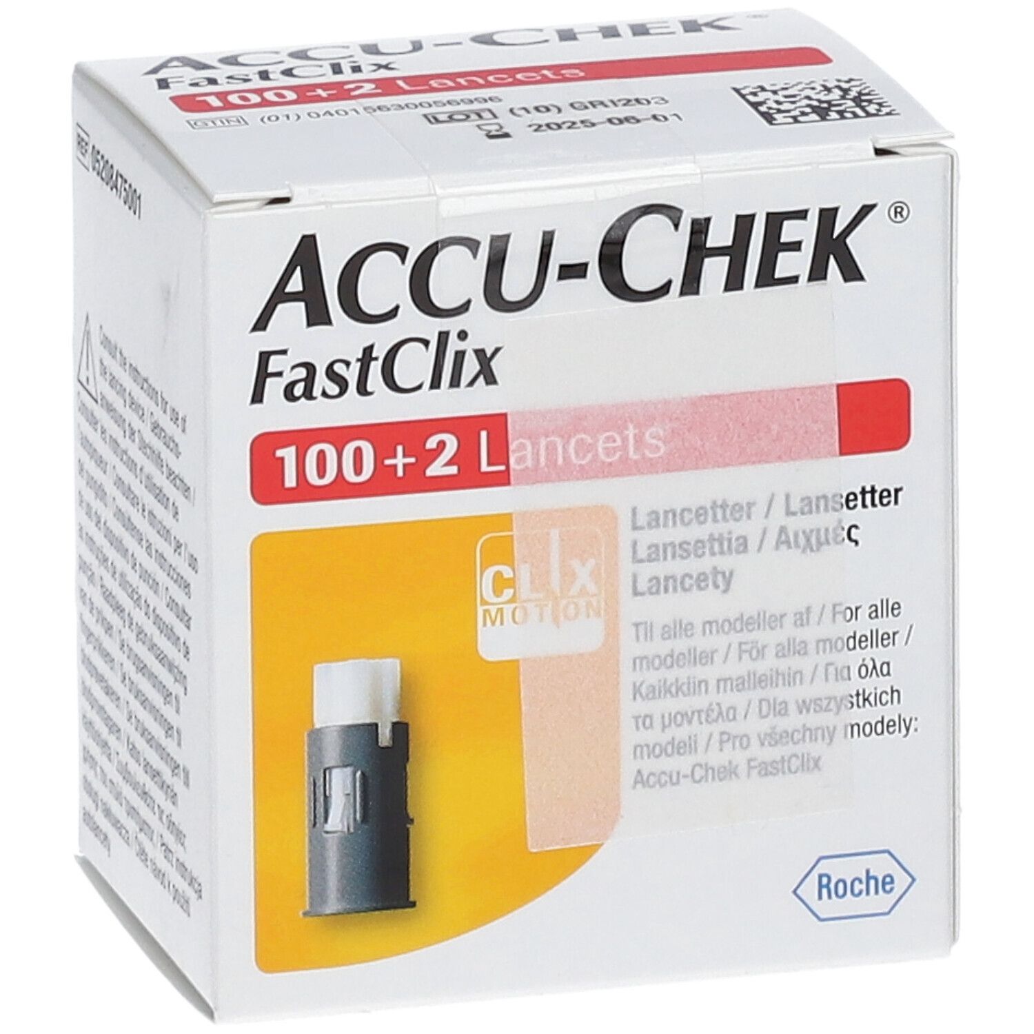 Confezione Accu-Chek Fastclix con 100+2 lancette. Mostra il prodotto e informazioni multilingue.