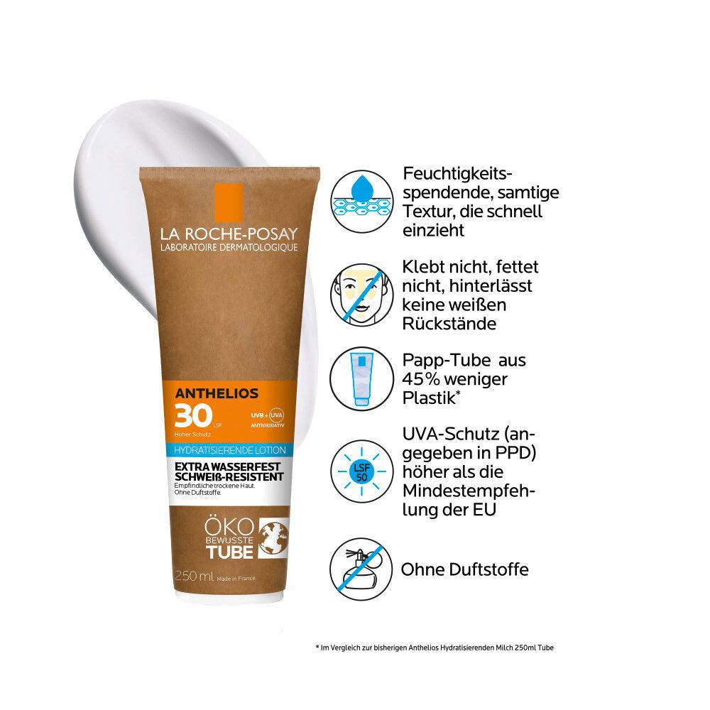 Tubo di crema solare Anthelios 30 di La Roche-Posay. Resistente all'acqua. Idrata, assorbimento rapido. Senza profumo.
