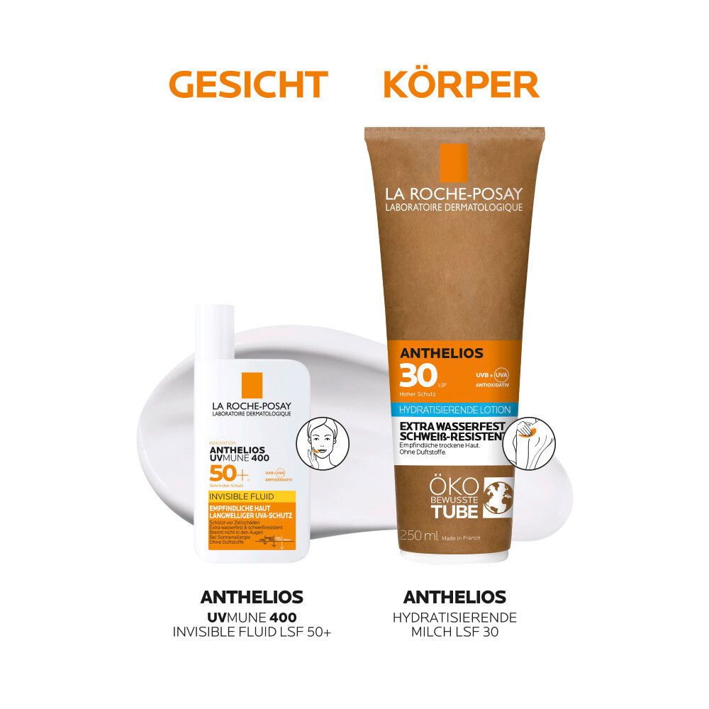 Due prodotti: Anthelios Latte Idratante SPF 30 e Anthelios Invisible Fluid SPF 50+. Viso e corpo. Prodotto bianco.