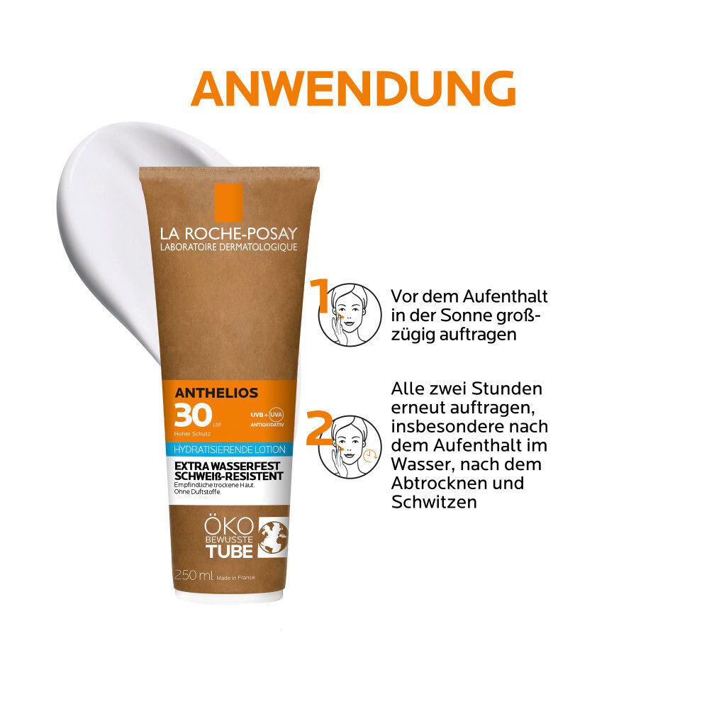 Applicazione: Anthelios Latte Idratante SPF 30. Applicare generosamente prima dell'esposizione. Ripetere ogni due ore.