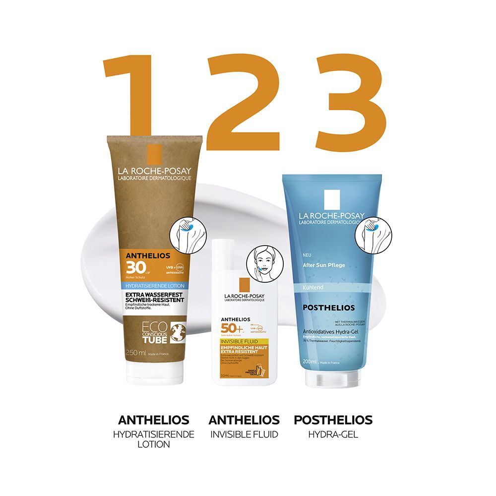 Tre prodotti: Anthelios Latte Idratante, Anthelios Invisible Fluid, Posthelios Hydra-Gel. Istruzioni per l'uso.