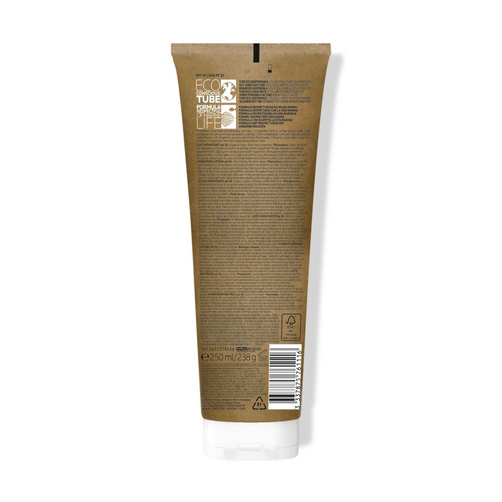 Retro del tubo di crema solare. Testo e informazioni. Eco-tubo. 250ml.