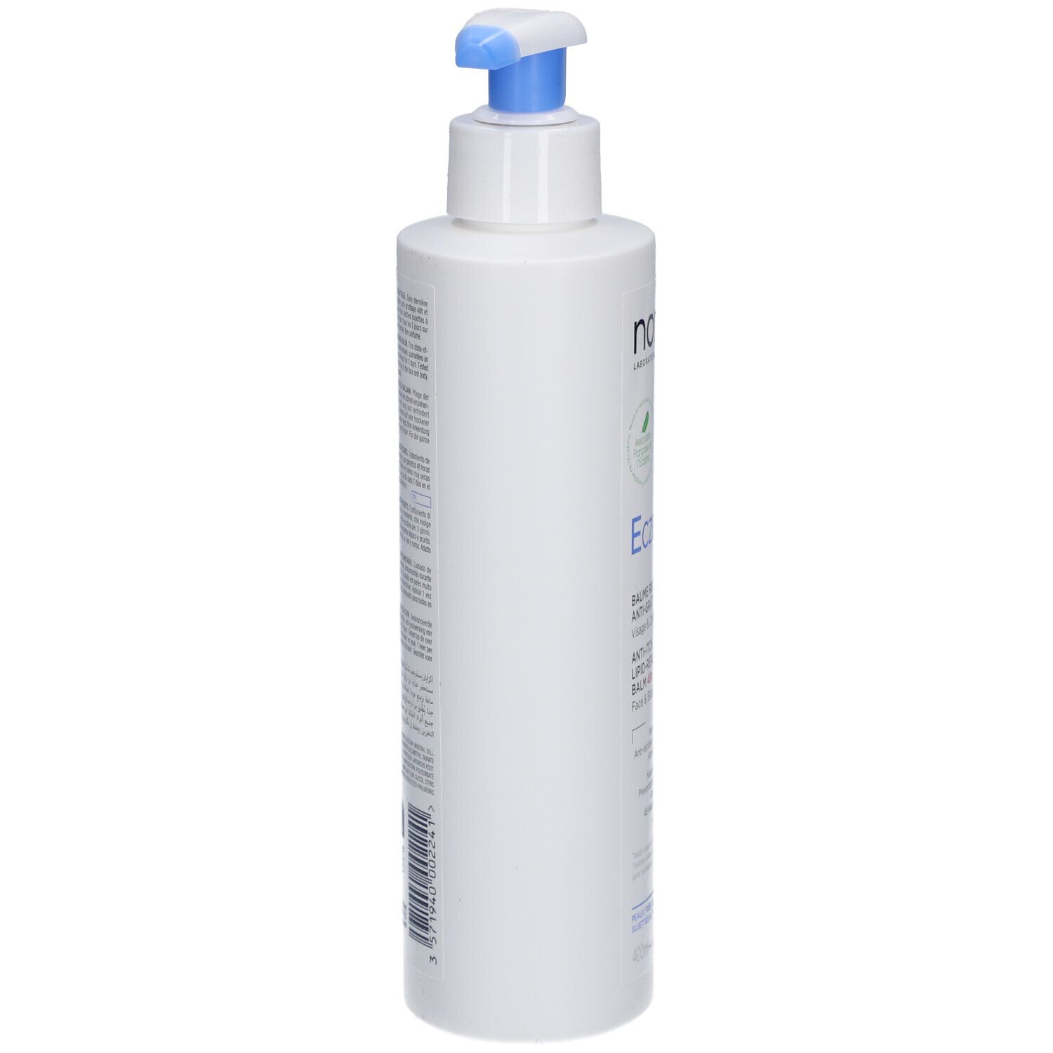 Flacone bianco con erogatore blu, vista laterale. Scritte e testo sul flacone.