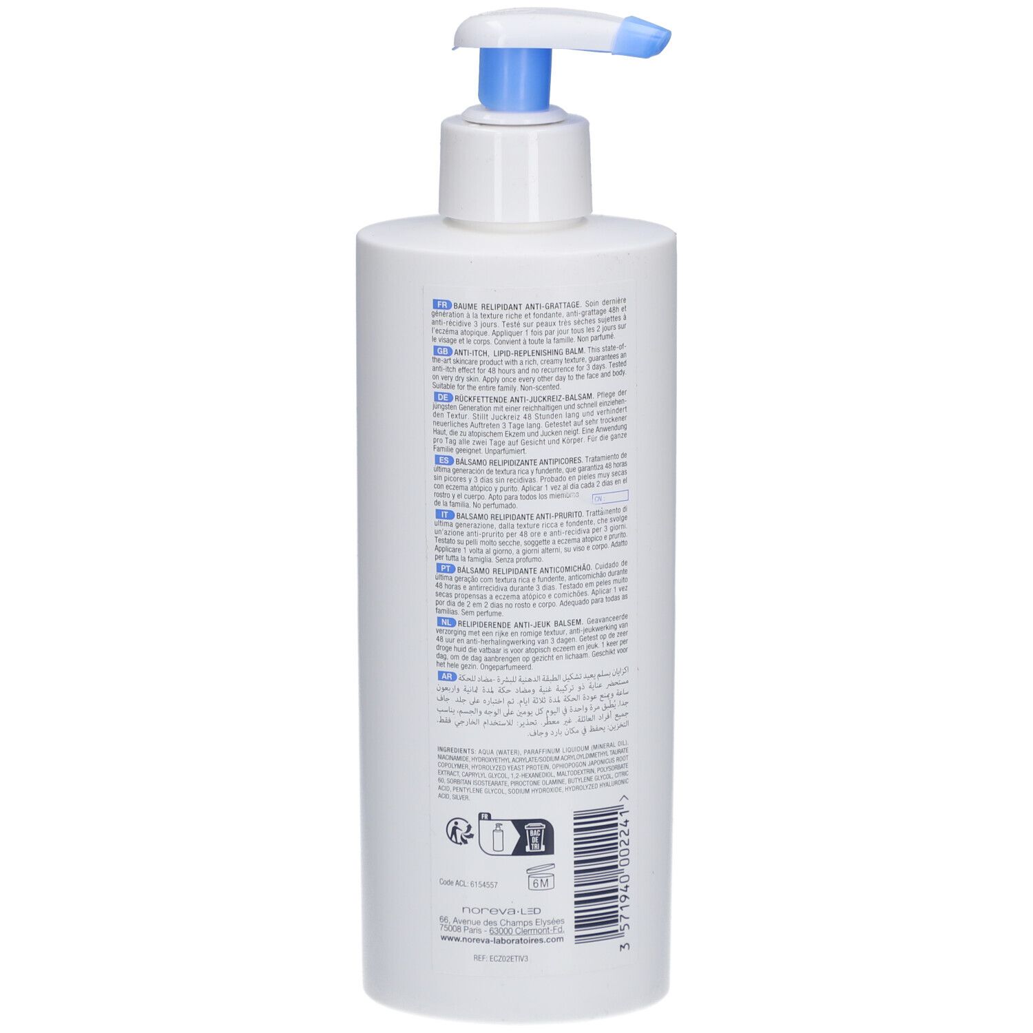 Retro del flacone bianco con erogatore blu. Testo multilingue. Informazioni sul prodotto.