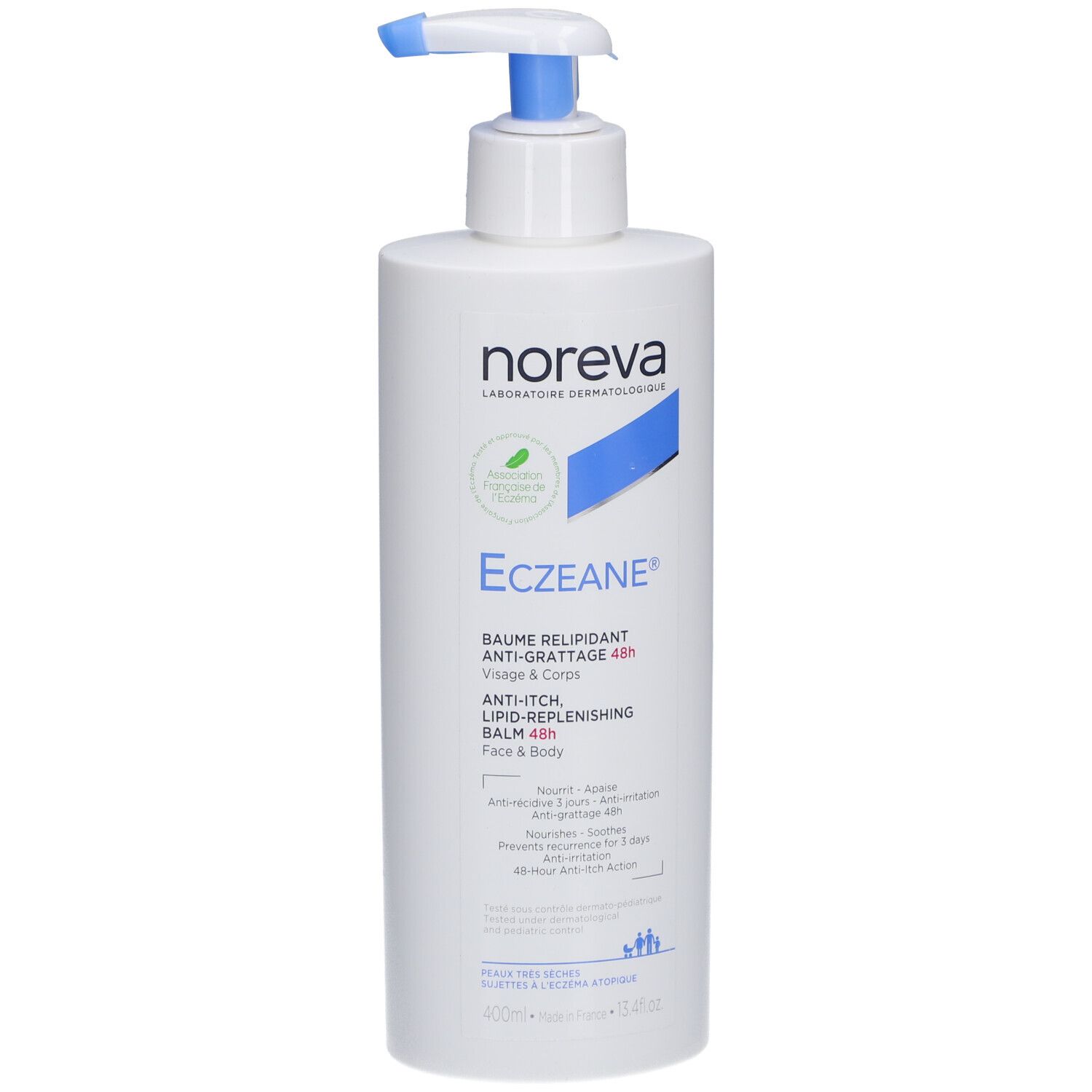 Flacone bianco con erogatore blu. Scritte: Noreva, Eczeane, Balsamo anti-prurito. Viso e corpo.
