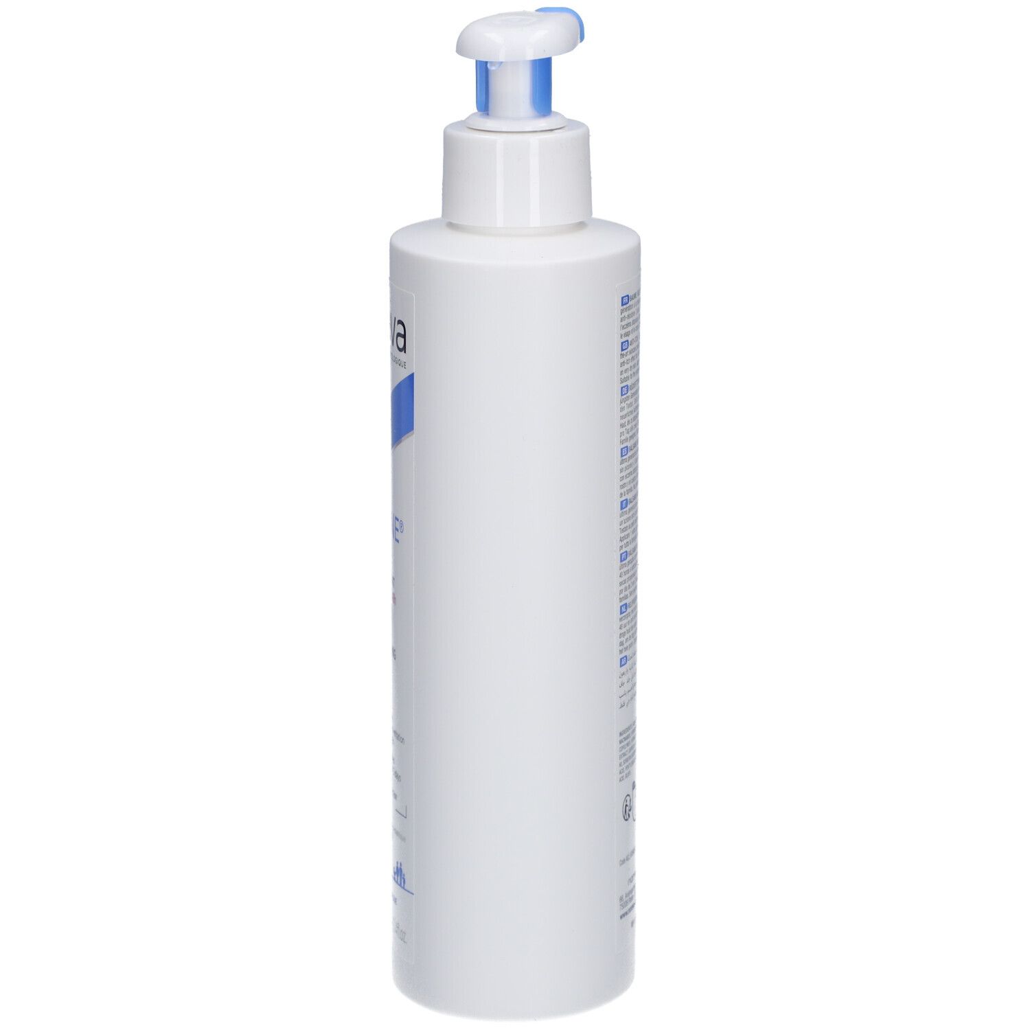 Flacone bianco con erogatore blu, vista laterale. Scritte e testo sul flacone.