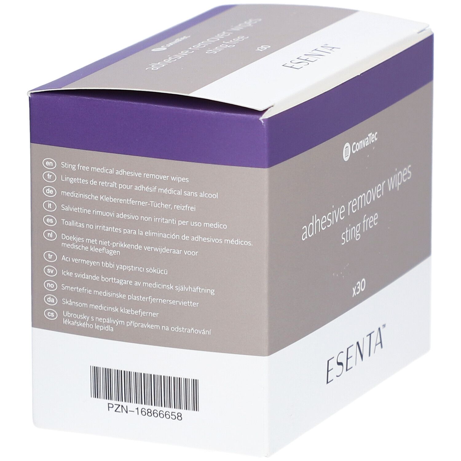 Scatola di salviette ESENTA per la rimozione di adesivi. Scritta: adhesive remover wipes sting free x30. Elenco multilingue. Marchio ESENTA e ConvaTec.