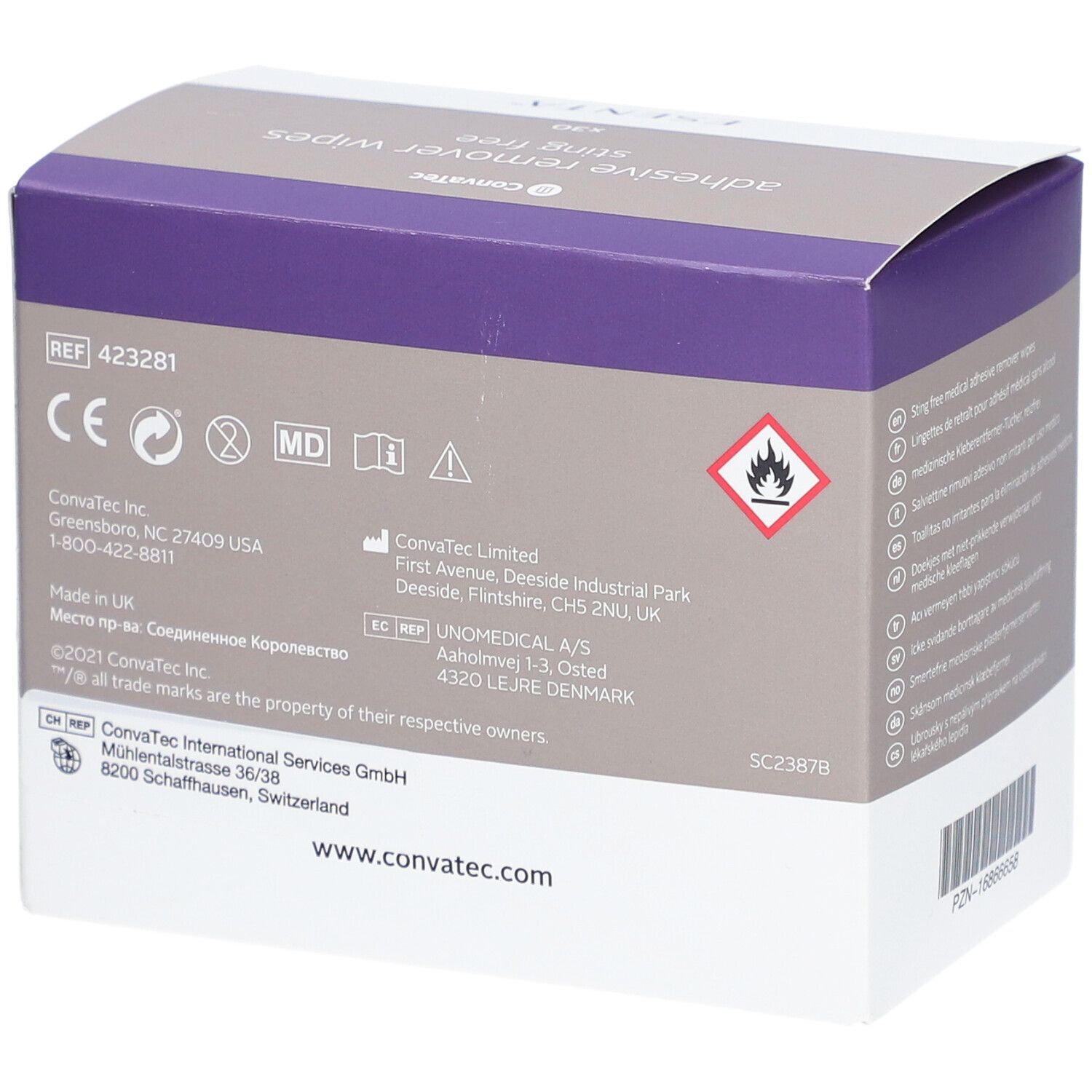 Retro della scatola di salviette ESENTA. Contiene informazioni su produttore, certificazioni e avvertenze. Marchio ConvaTec.