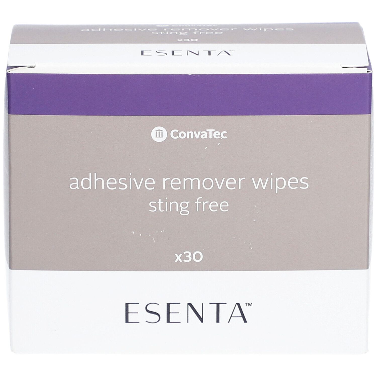 Scatola di salviette ESENTA per la rimozione di adesivi. Scritta: adhesive remover wipes sting free x30. Marchio ESENTA e ConvaTec.