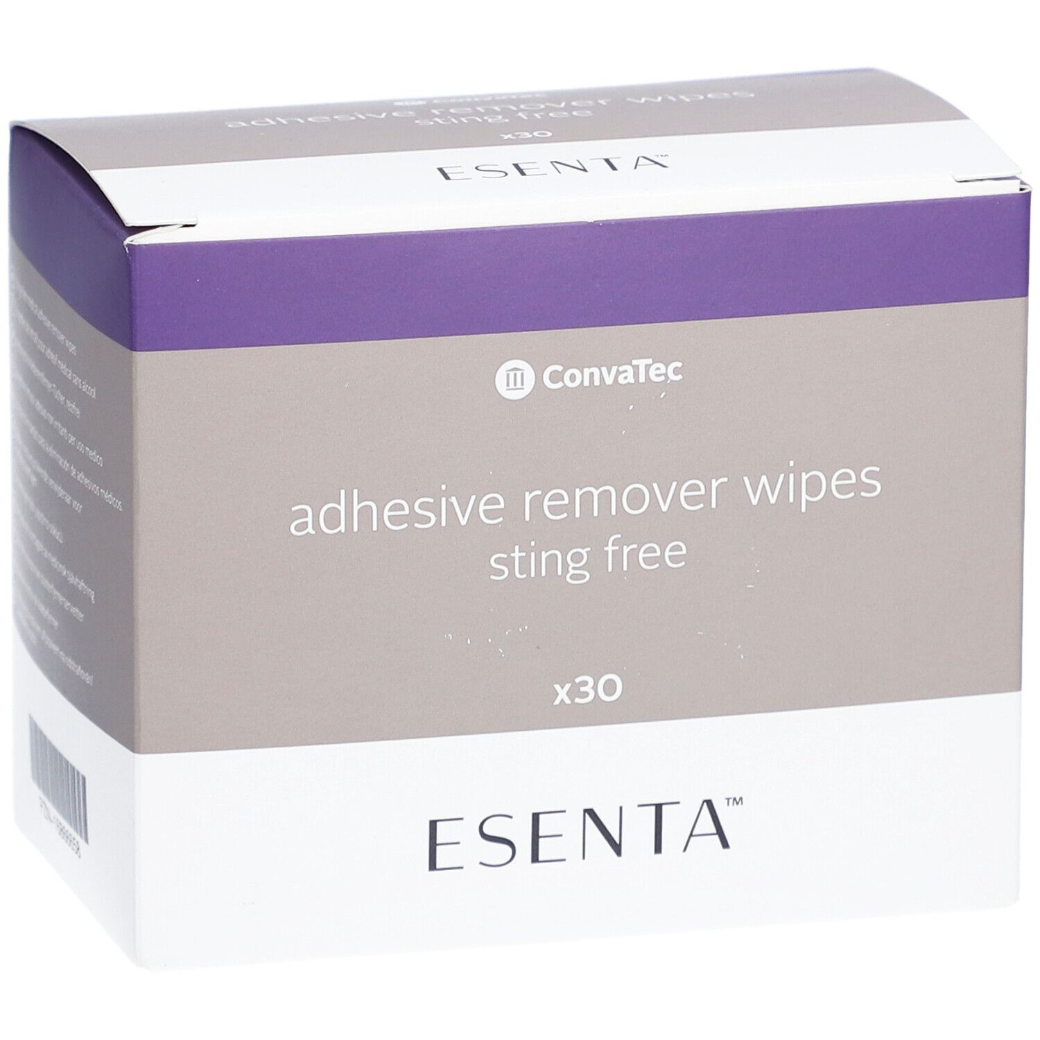 Scatola di salviette ESENTA per la rimozione di adesivi. Scritta: adhesive remover wipes sting free x30. Marchio ESENTA e ConvaTec.
