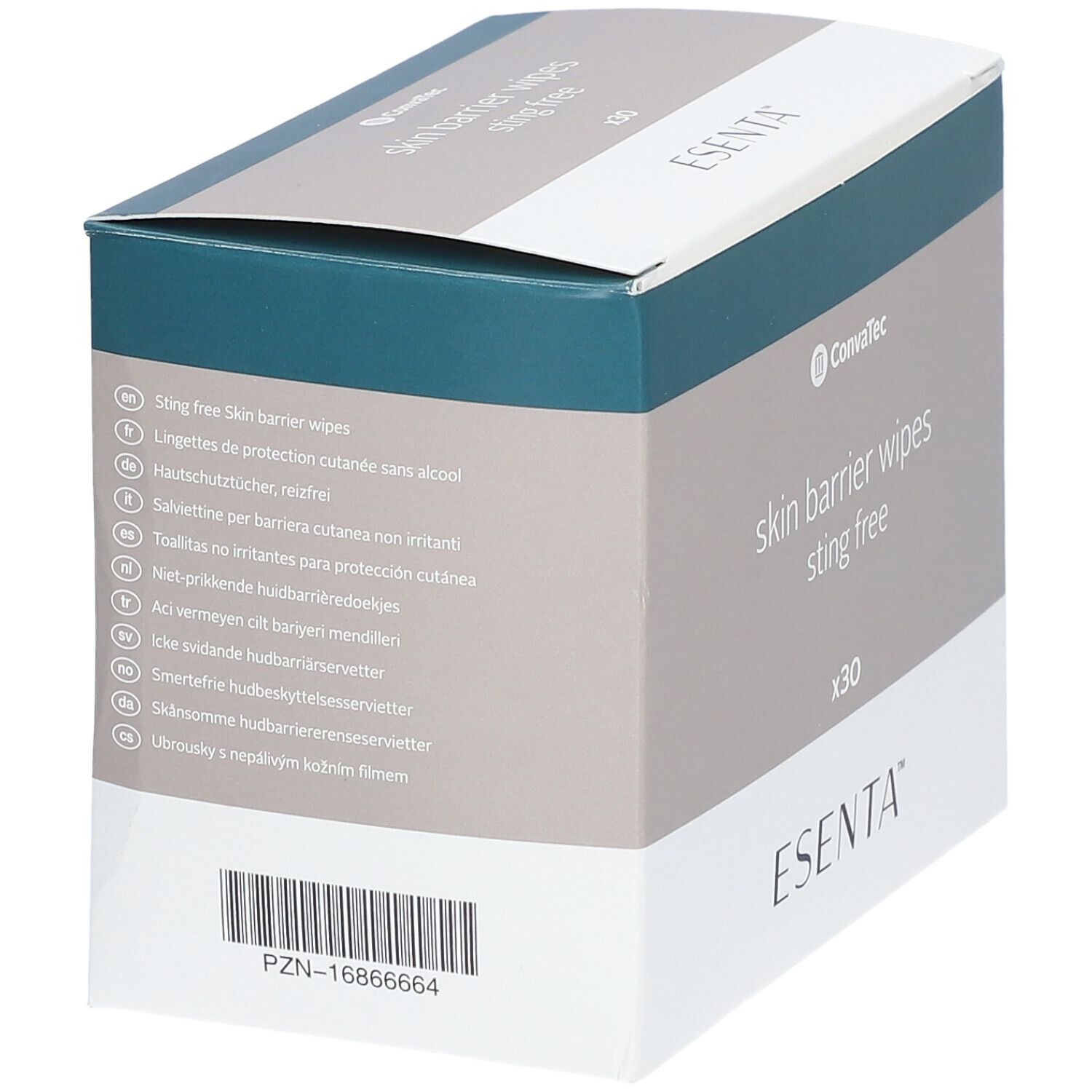 Confezione di salviette barriera cutanea. Marchio: Esenta. Testo: skin barrier wipes sting free x30. Testi multilingue. Codice a barre.