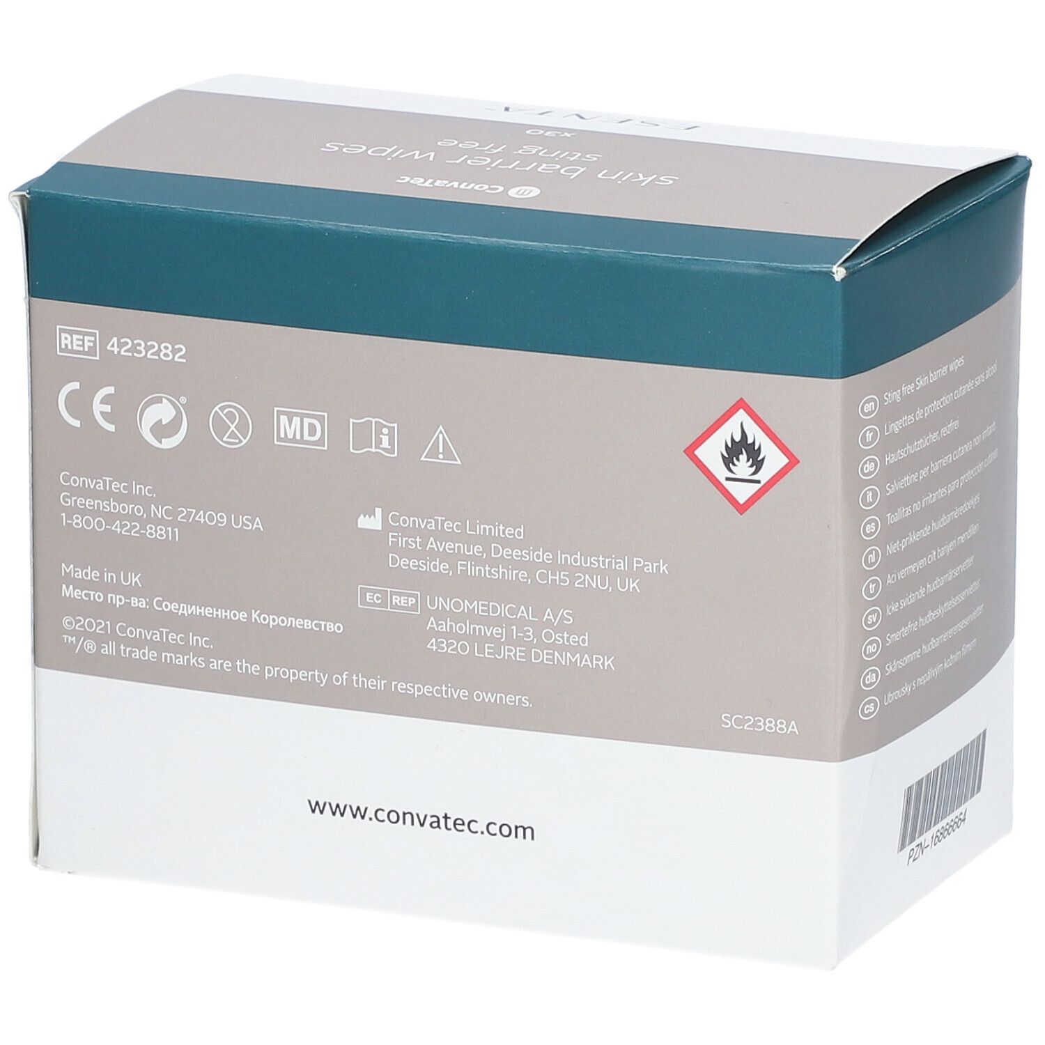 Retro della confezione di salviette barriera cutanea. Testo: REF 423282. Loghi. Indirizzo di Convatec. Codice a barre.