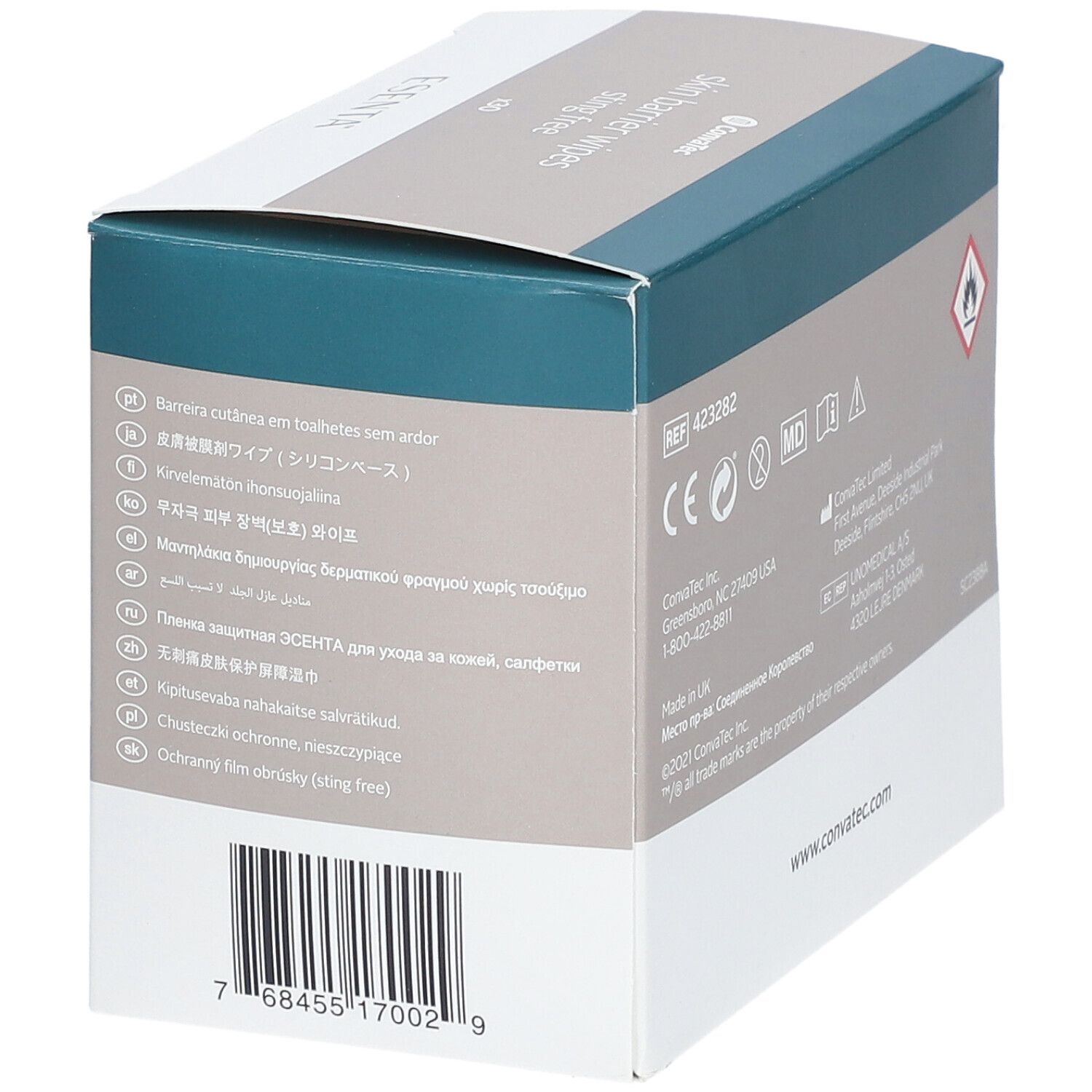 Confezione di salviette barriera cutanea. Testo: skin barrier wipes. Loghi. Indirizzo di Convatec. Codice a barre. Avvertenza.