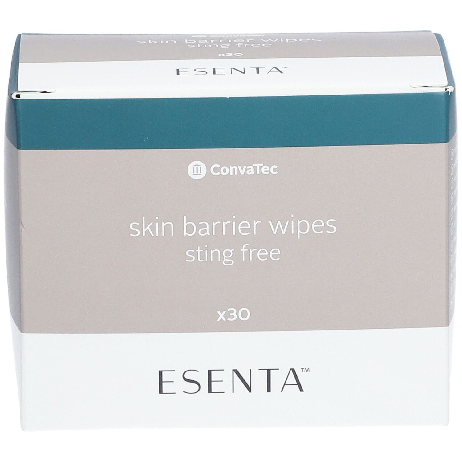 Confezione di salviette barriera cutanea. Marchio: Esenta. Testo: skin barrier wipes sting free x30. Logo: Convatec.