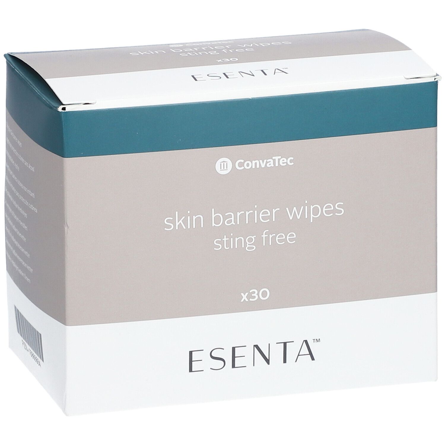 Confezione di salviette barriera cutanea. Marchio: Esenta. Testo: skin barrier wipes sting free x30. Logo: Convatec.