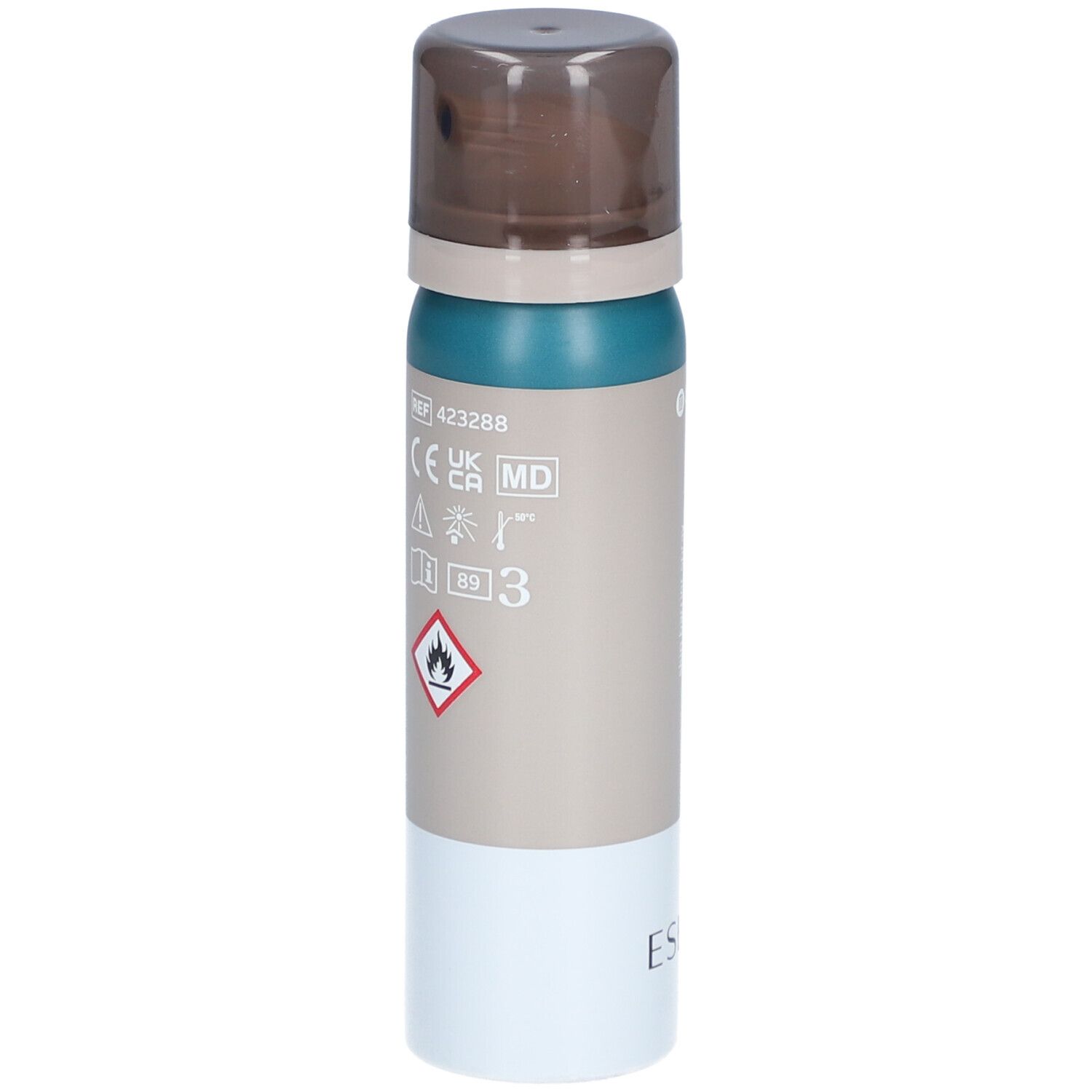 ESENTA spray protettivo cutaneo. Flacone spray con tappo marrone. Stampe con simboli e testo.