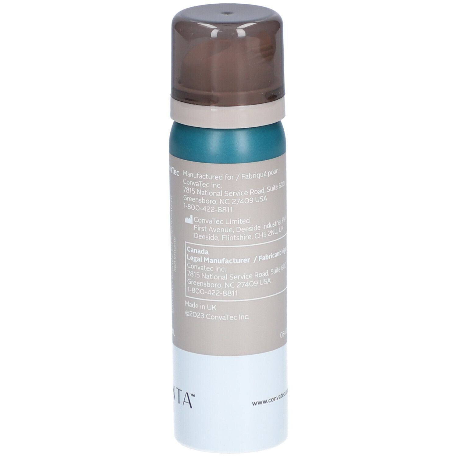 ESENTA spray protettivo cutaneo. Flacone spray con tappo marrone. Stampe con simboli e testo.