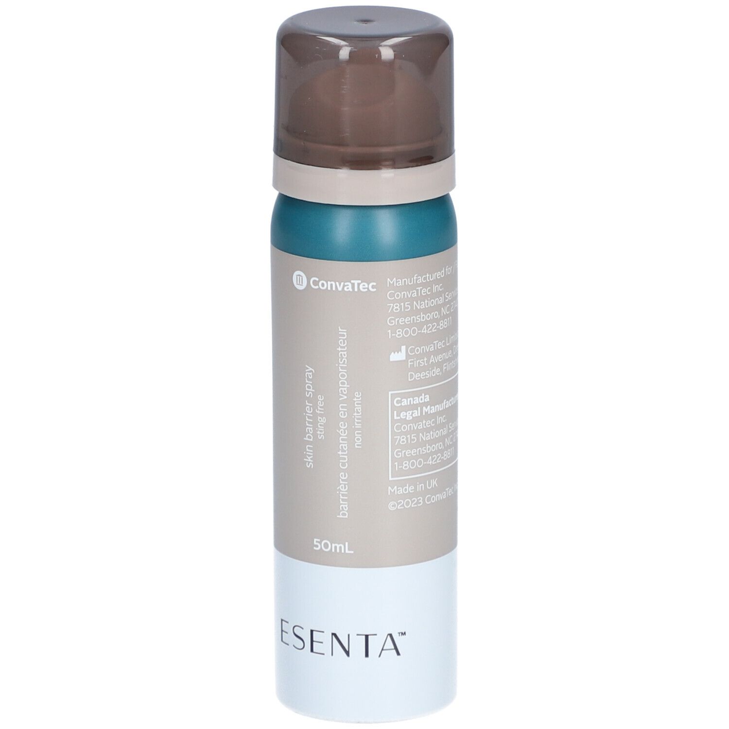 ESENTA spray protettivo cutaneo. Flacone spray con tappo marrone, turchese, grigio e bianco. 50ml.