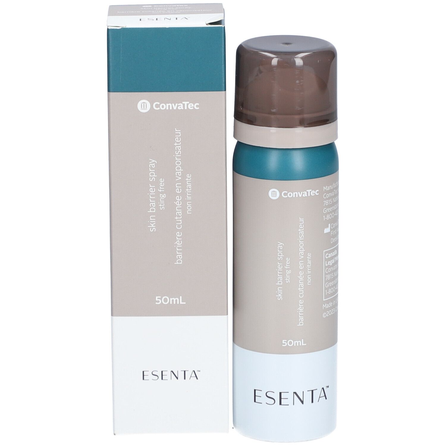 ESENTA spray protettivo cutaneo e confezione. Flacone spray e scatola. 50ml.