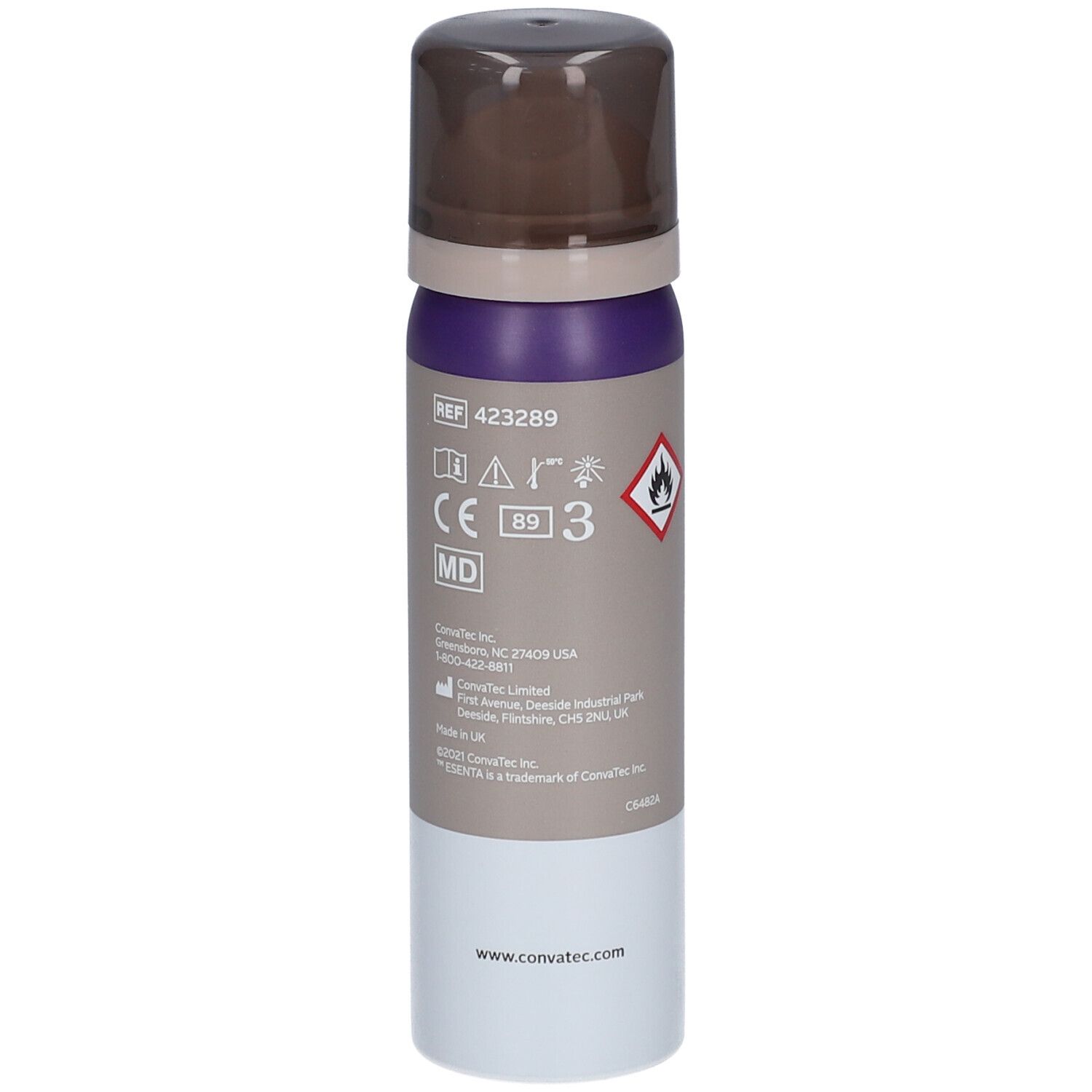 Flacone spray cilindrico. Colori: marrone, viola, grigio e bianco. Scritta: ESENTA. Pittogrammi. Marchio CE. ConvaTec.