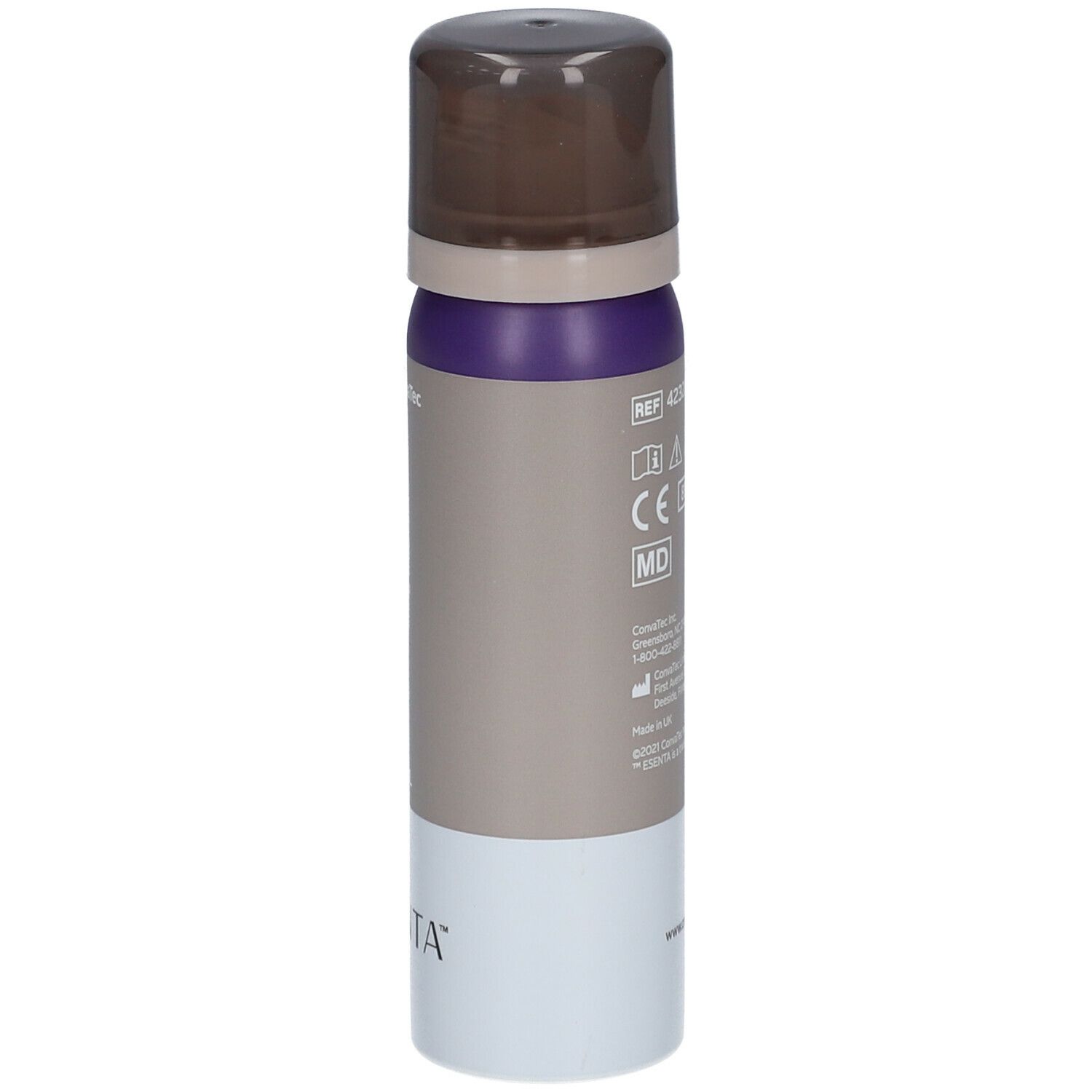 Flacone spray cilindrico. Colori: marrone, viola, grigio e bianco. Scritta: ESENTA. Pittogrammi. Marchio CE. ConvaTec.