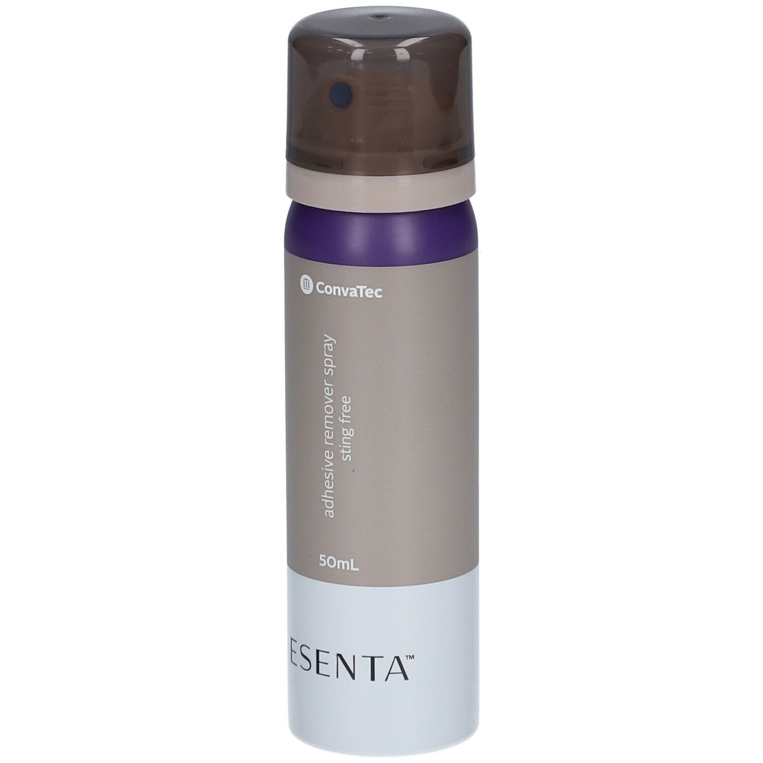 Flacone spray cilindrico. Colori: marrone, viola, grigio e bianco. Scritte: ESENTA, ConvaTec, adhesive remover spray sting free.