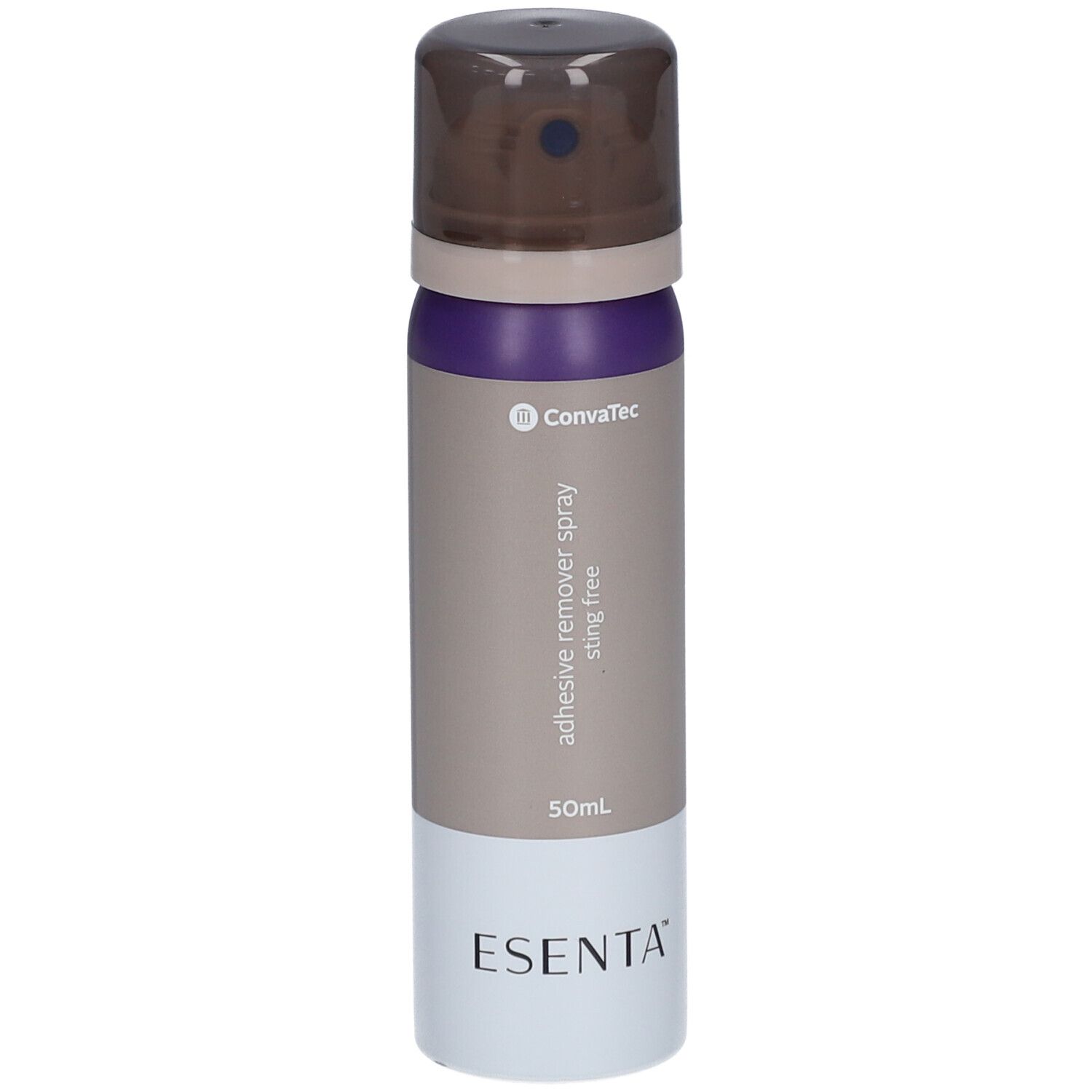 Flacone spray cilindrico. Colori: marrone, viola, grigio e bianco. Scritte: ESENTA, ConvaTec, adhesive remover spray sting free.