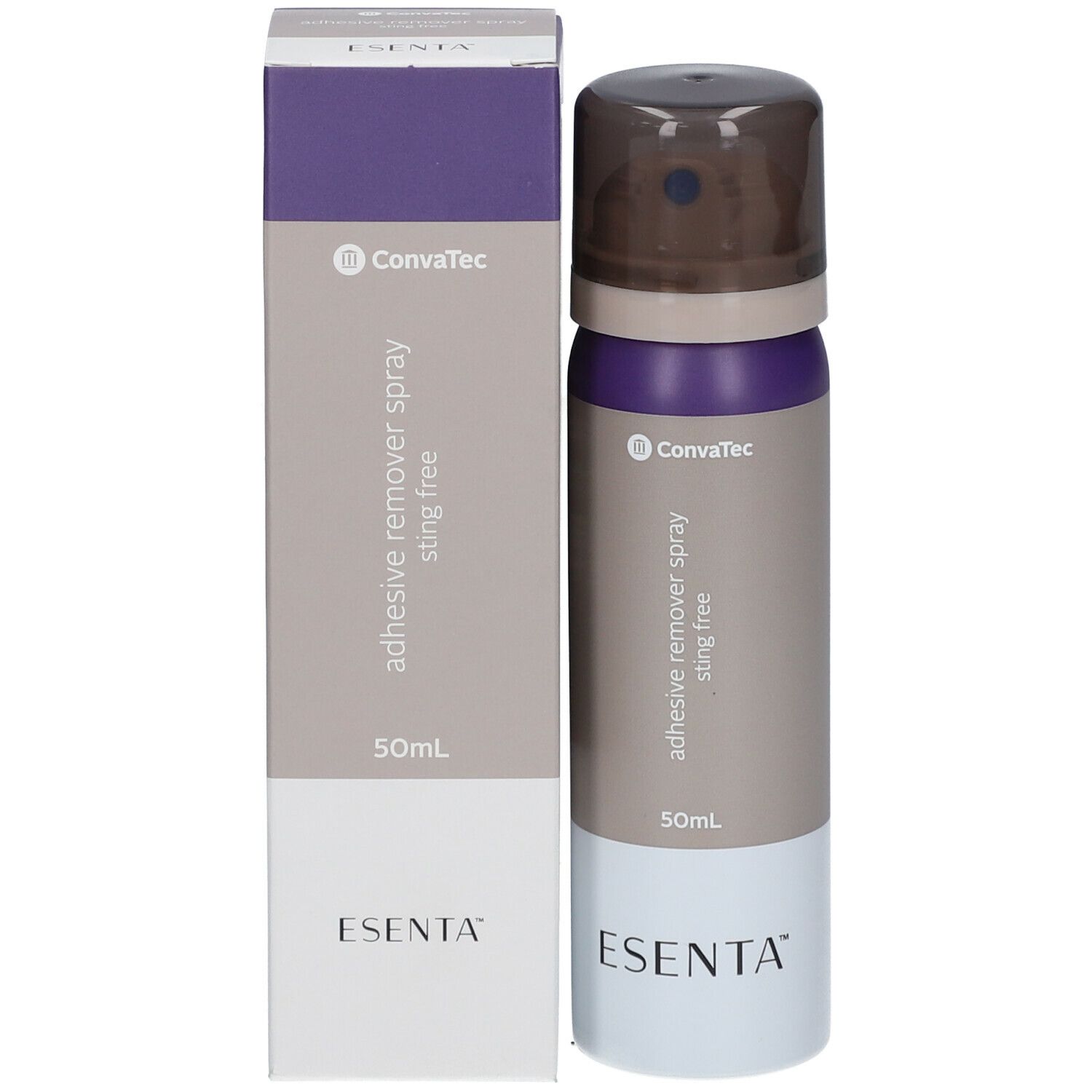 Prodotto e confezione. Flacone spray e scatola. Colori: marrone, viola, grigio, bianco. Scritte: ESENTA, ConvaTec, adhesive remover spray sting free.