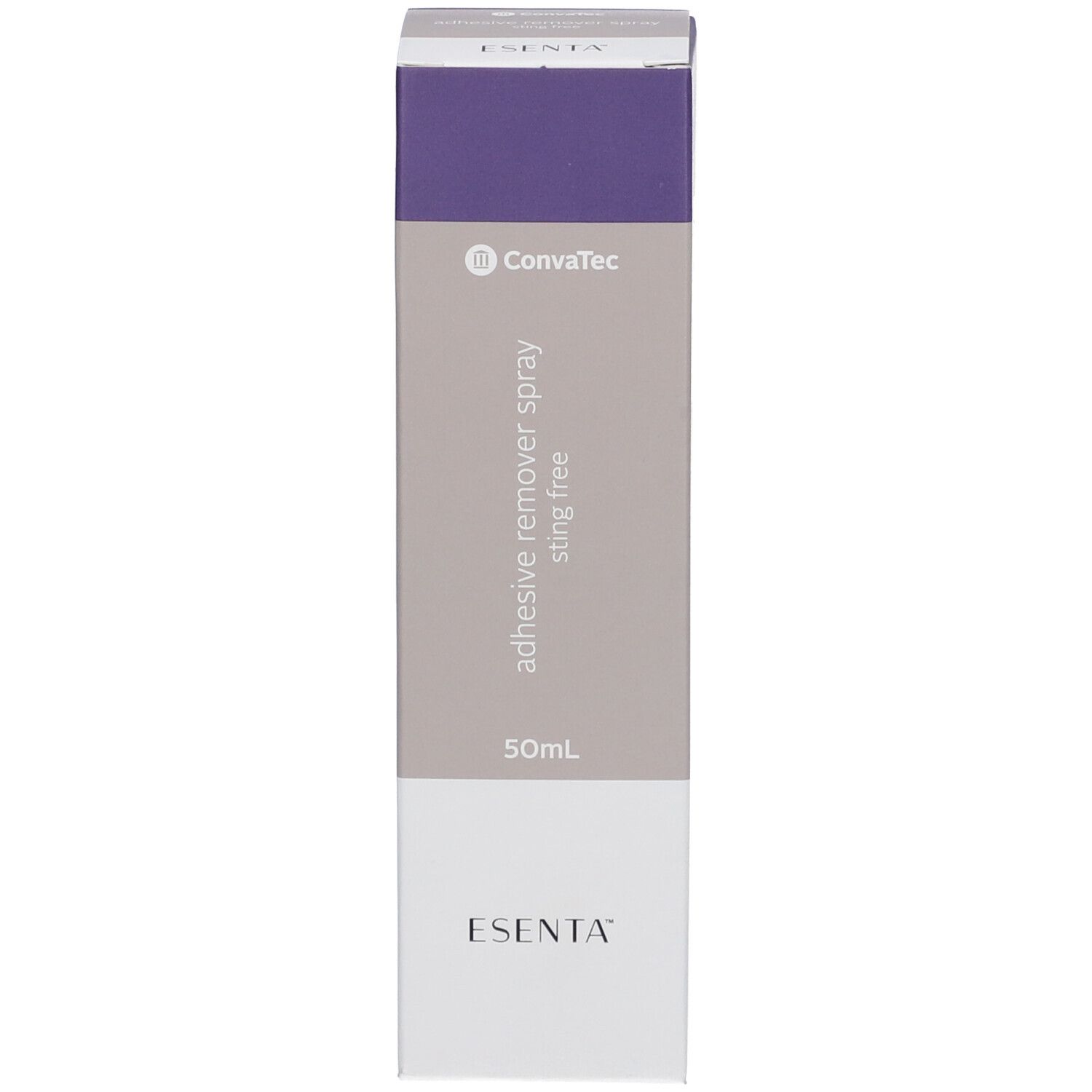 Scatola. Colori: viola, grigio, bianco. Scritte: ESENTA, ConvaTec, adhesive remover spray sting free.