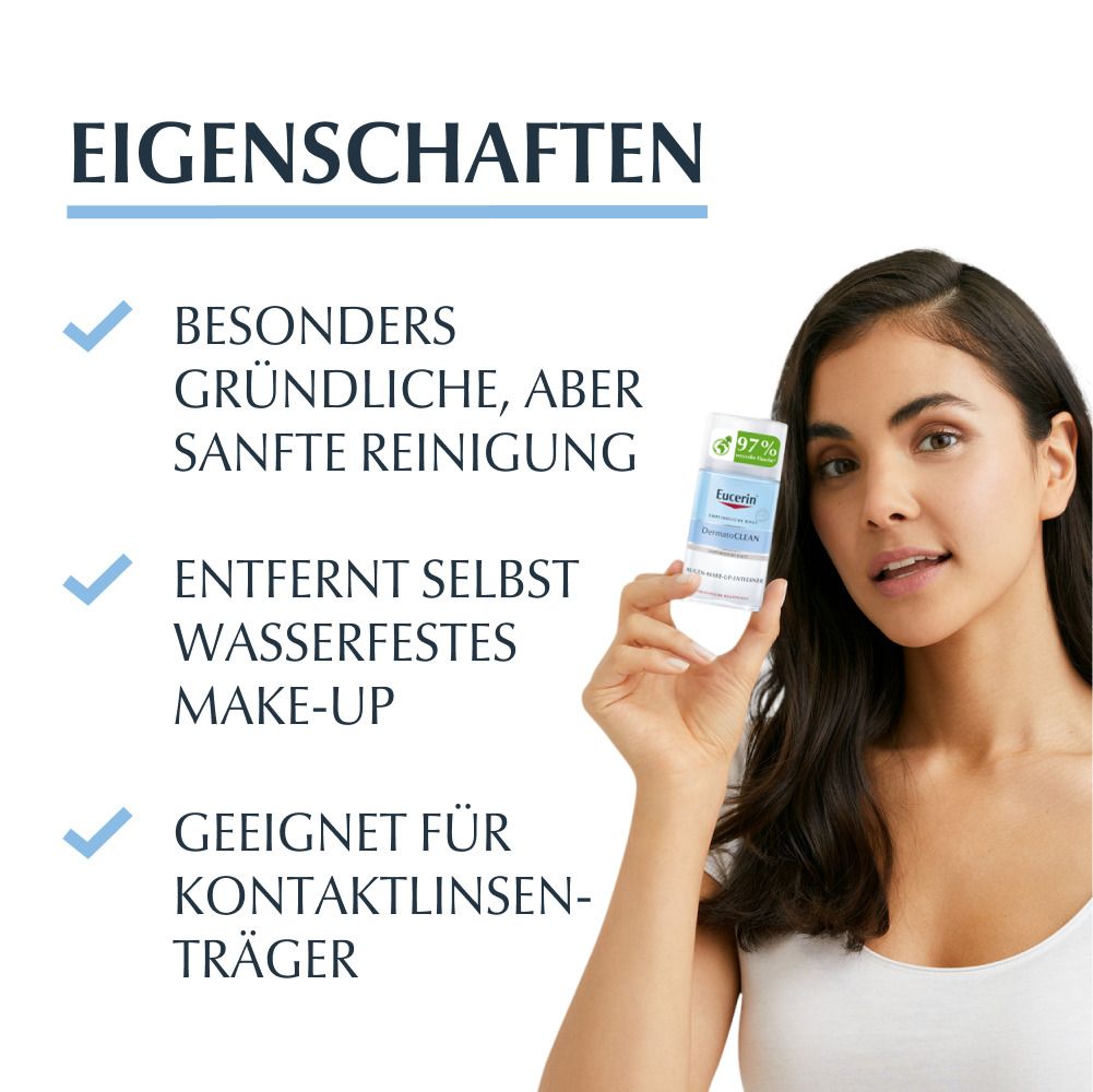 Donna tiene Eucerin DermatoCLEAN struccante occhi. Caratteristiche: pulizia profonda ma delicata, rimuove trucco waterproof, adatto a portatori di lenti a contatto.