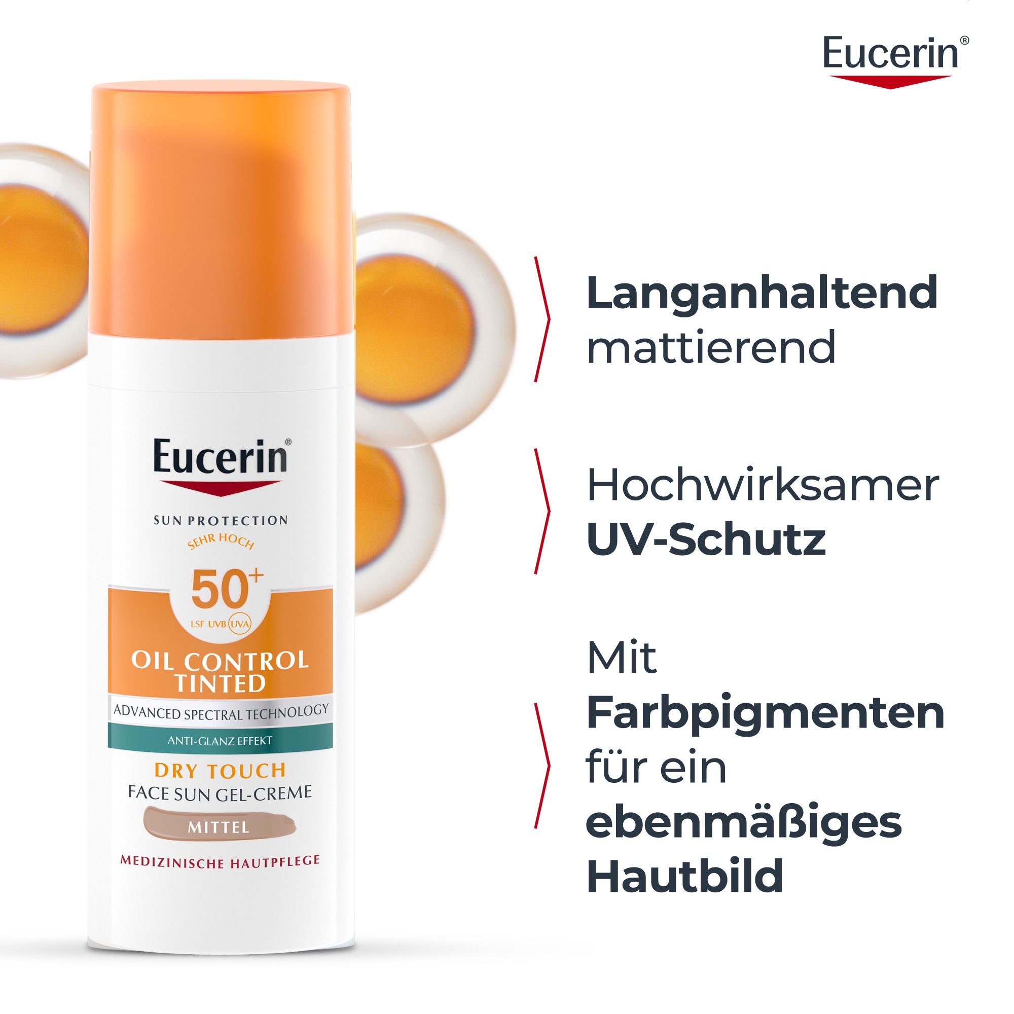 Eucerin Oil Control crema solare colorata SPF 50+. Prodotto e ingredienti. Testo: opacizzante, protezione UV, pigmenti.