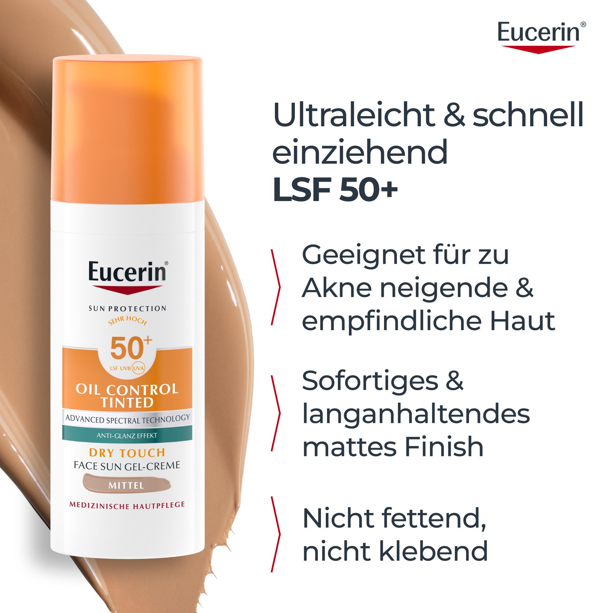 Eucerin Oil Control crema solare colorata SPF 50+. Testo: Ultraleggera e rapido assorbimento. Adatta a pelli acneiche.