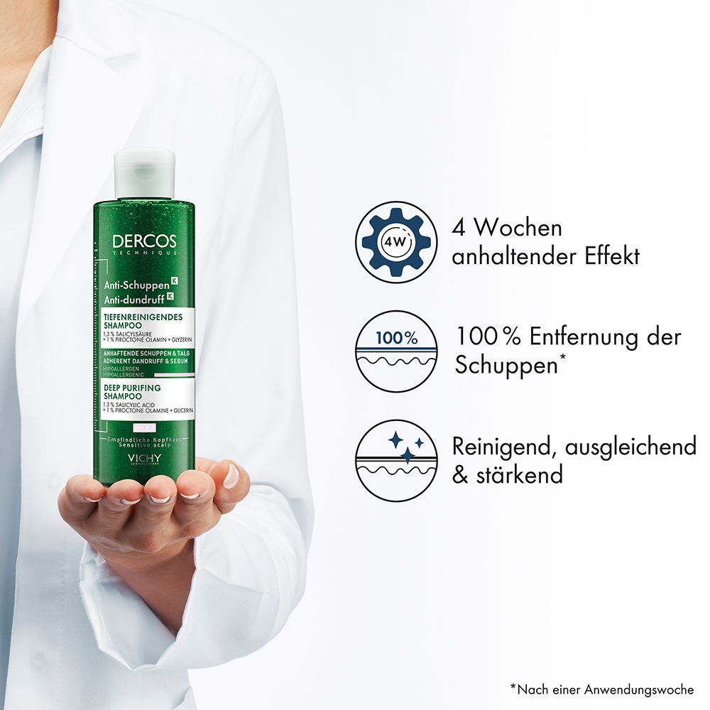 Flacone verde scuro di shampoo antiforfora Vichy Dercos con tappo bianco. Testo sull'etichetta.