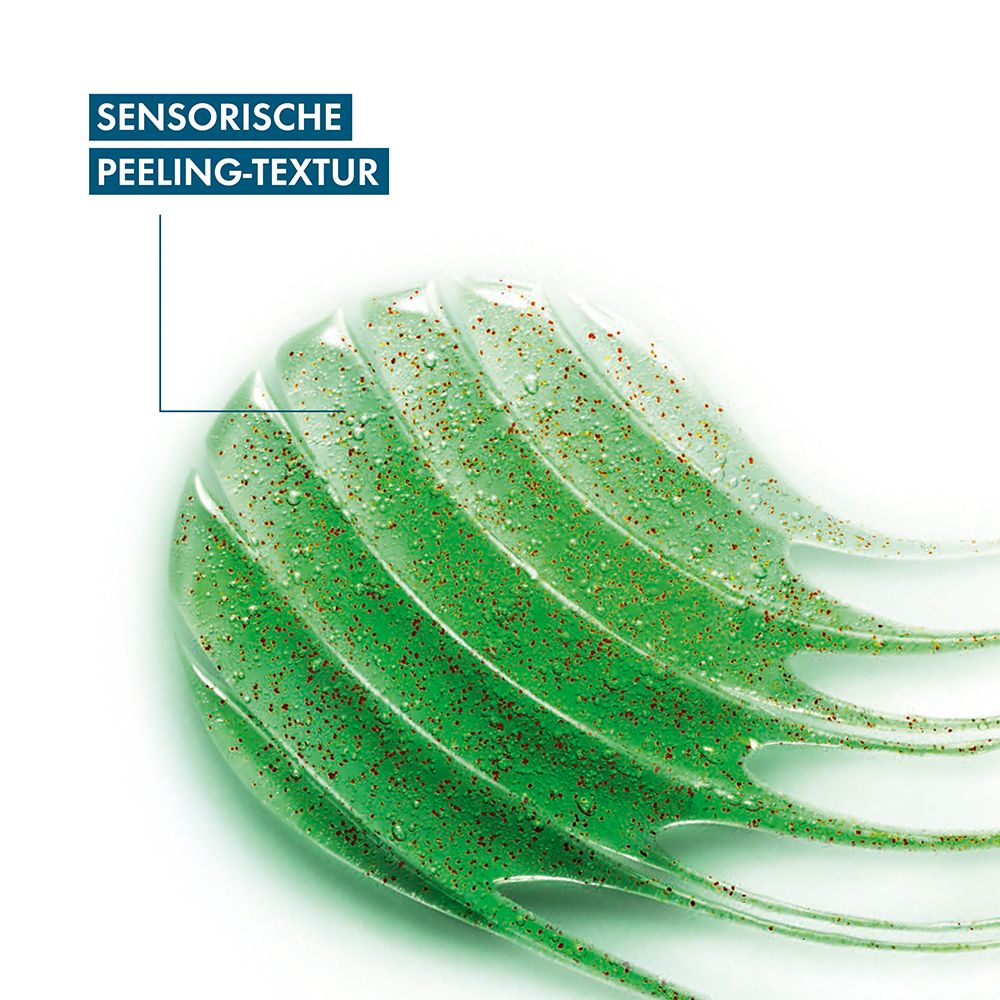 Gel esfoliante verde con particelle scintillanti e texture ondulata.