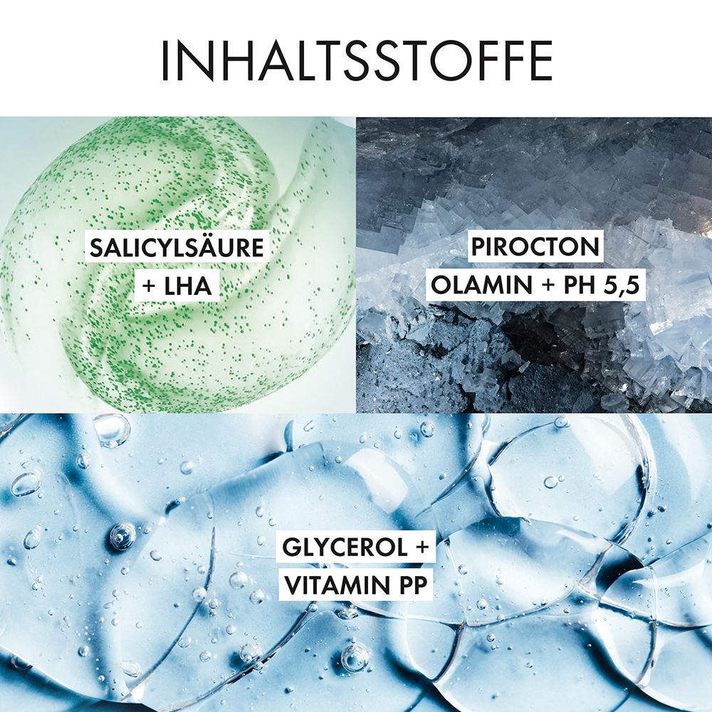 Collage mostra acido salicilico + LHA, piroctone olamina + pH 5,5 e glicerolo + vitamina PP in diverse texture.