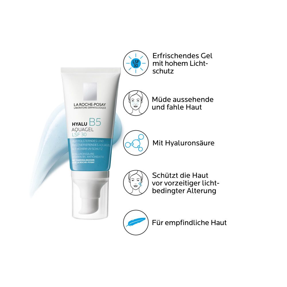 La Roche-Posay HYALU B5 AQUAGEL SPF 30. Tubo con testo e icone. Gel rinfrescante con alta protezione solare.