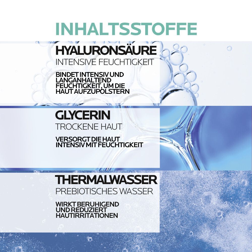 Ingredienti: Acido ialuronico, glicerina, acqua termale. Testo sugli ingredienti e i loro effetti.